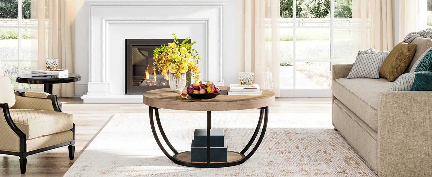 Round Industrial Coffee Table with Storage Shelf for Living Room — 31.7" Oak