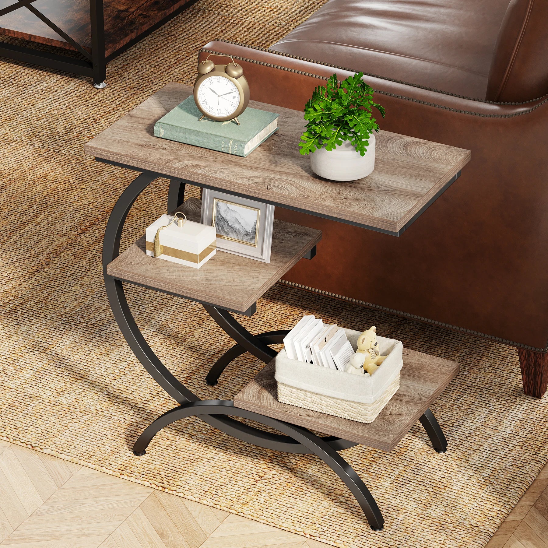 Industrial 3-Tier Side Table with Curved Metal Frame for Living Room — Rustic Brown Wood