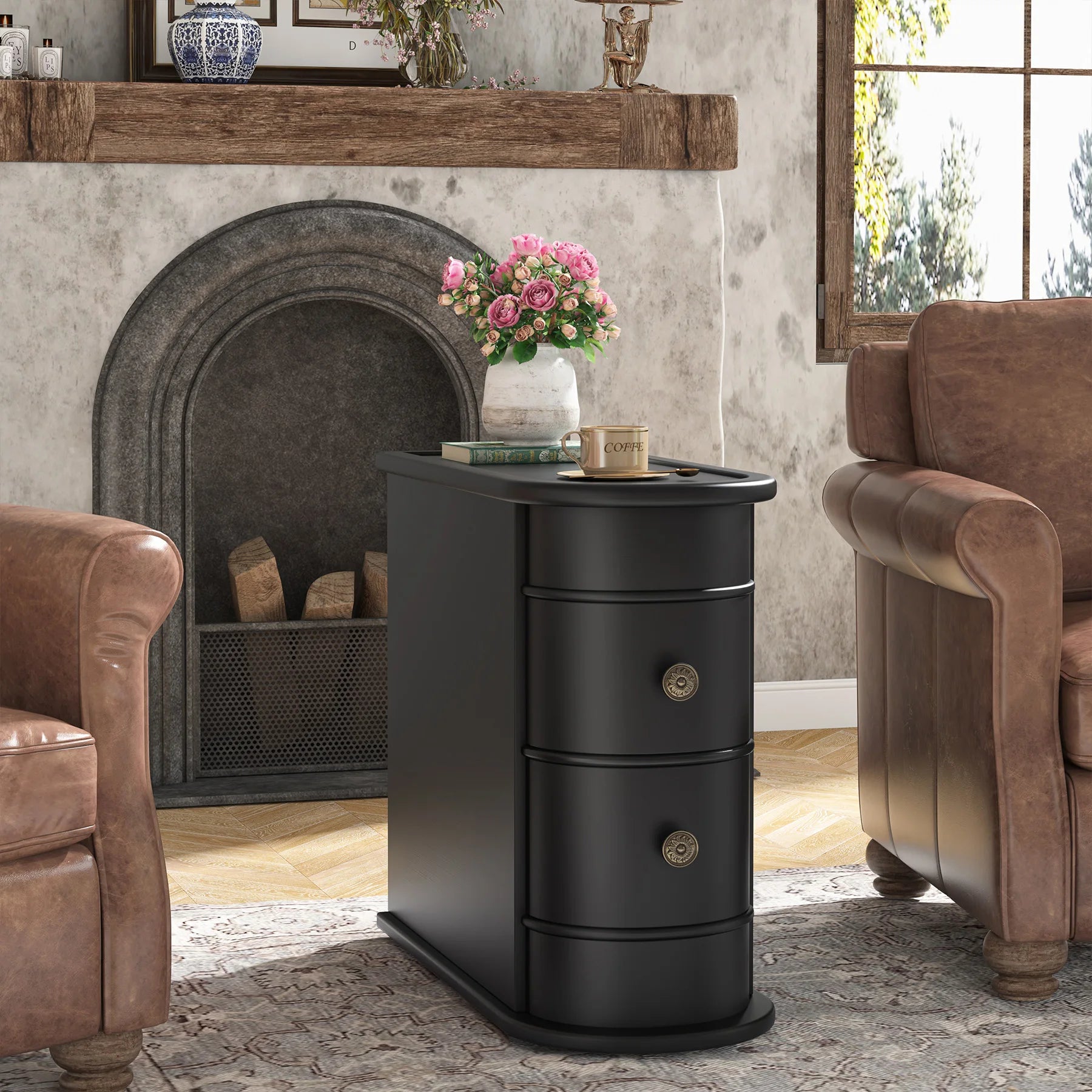 Solid Wood Narrow Side Table Nightstand with 2 Drawers for Living Room — 24" Tall