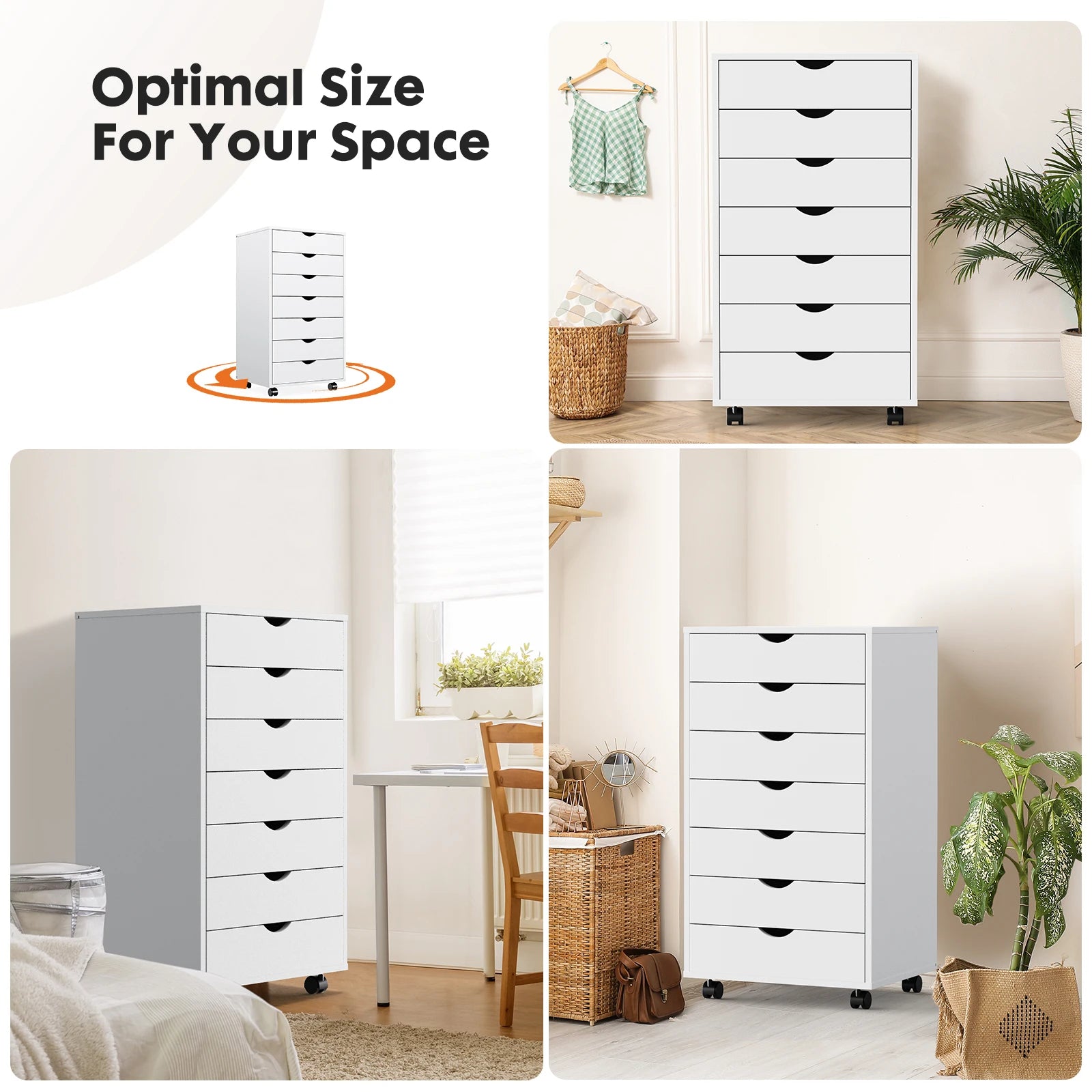 White 7-Drawer Rolling Dresser with Locking Casters for Bedroom or Office — 26" Tall