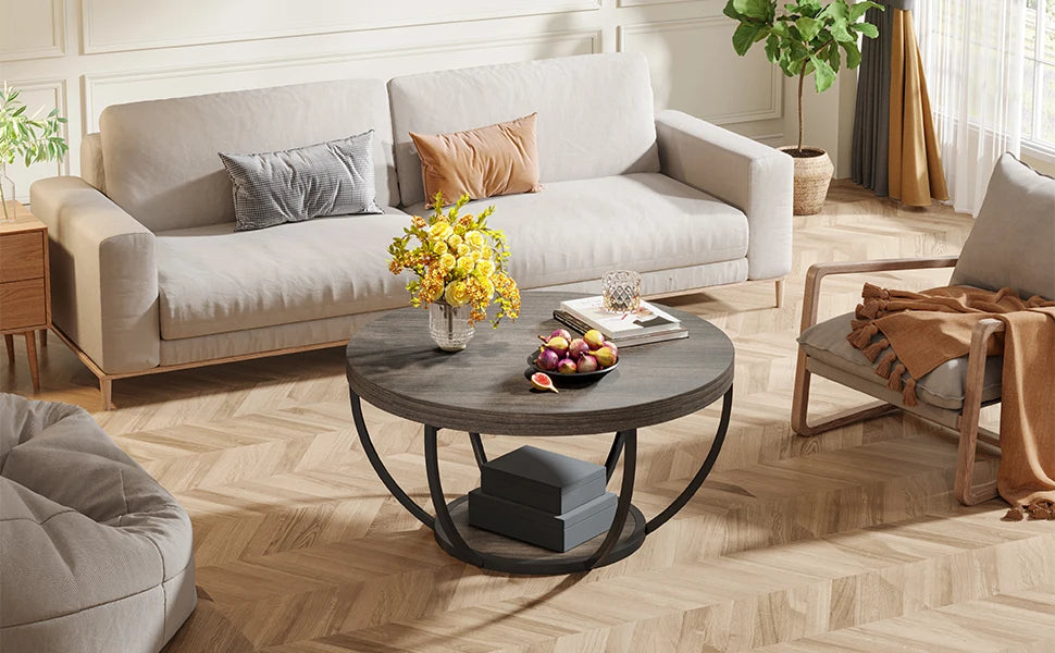 Round Industrial Coffee Table with Storage Shelf for Living Room — 31.7" Oak