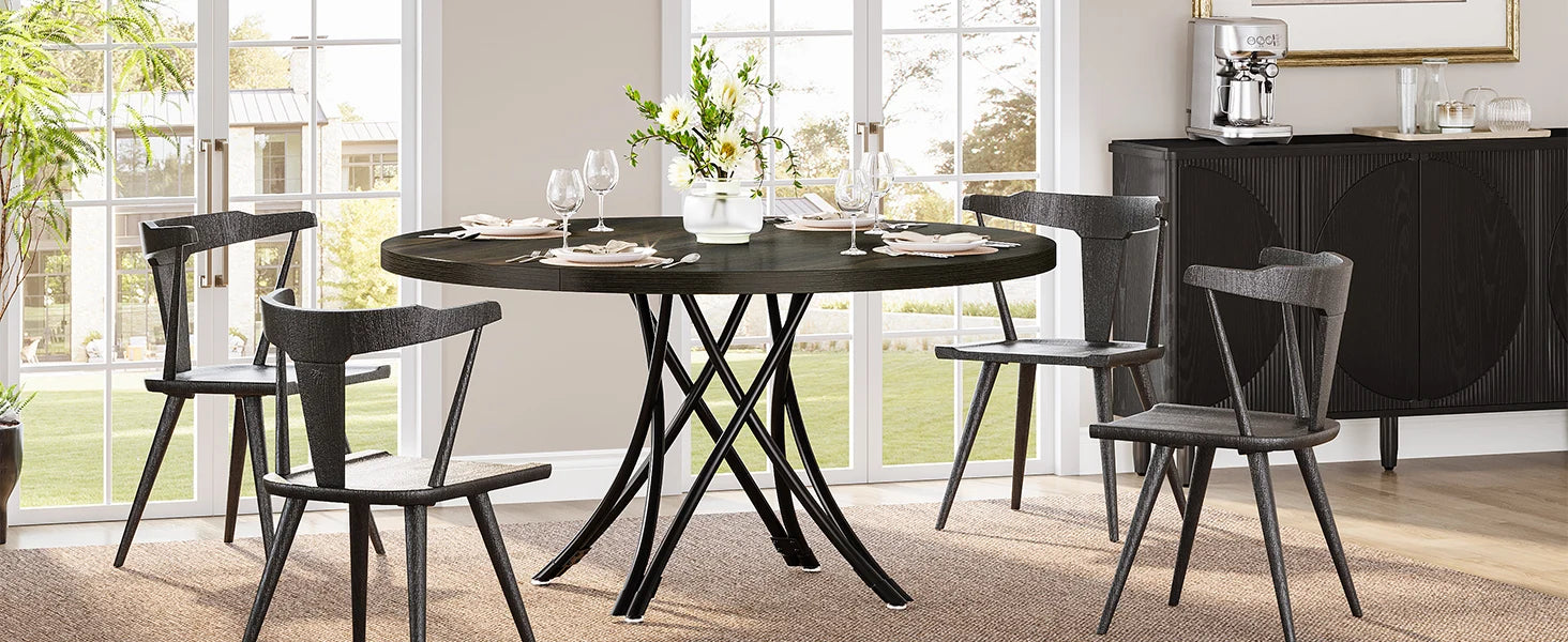 Walnut Round Dining Table with Sculptural Metal Pedestal for 4-6 — 47in