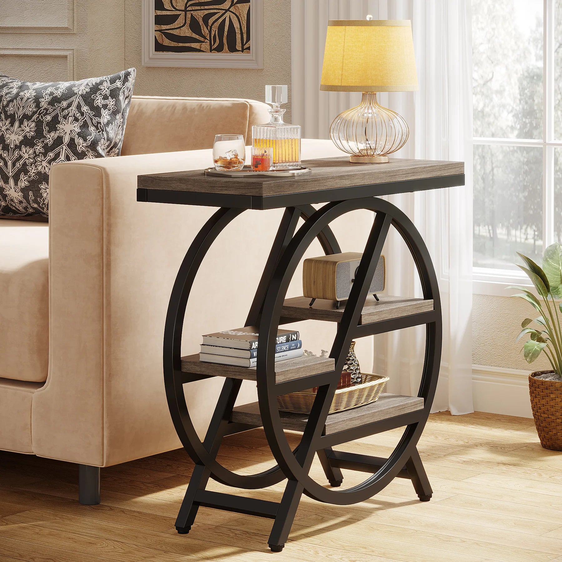 Rustic Wood 3-Tier Side Table with Round Metal Frame for Living Room — Narrow