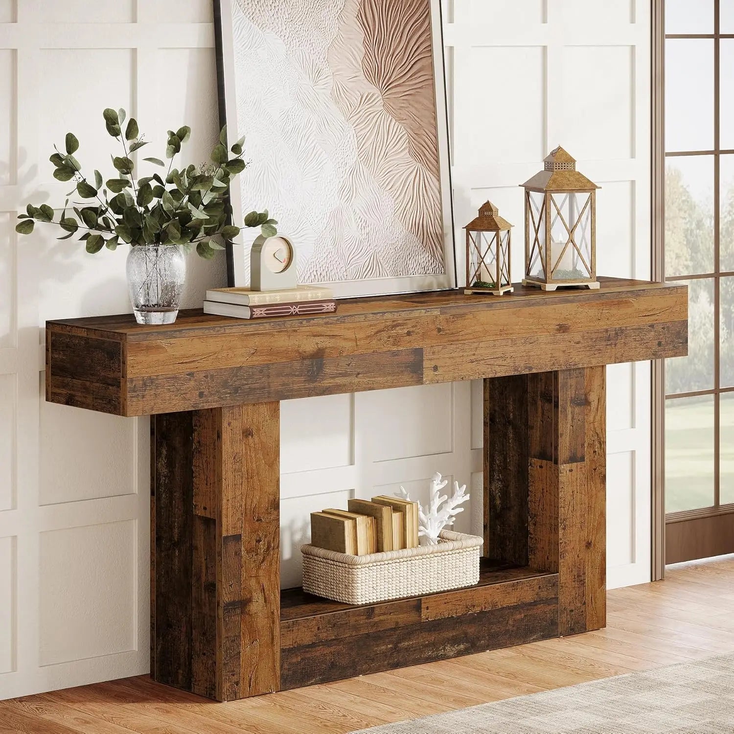 Two-Tone Farmhouse Console Table with Lower Shelf for Entryway — 63"