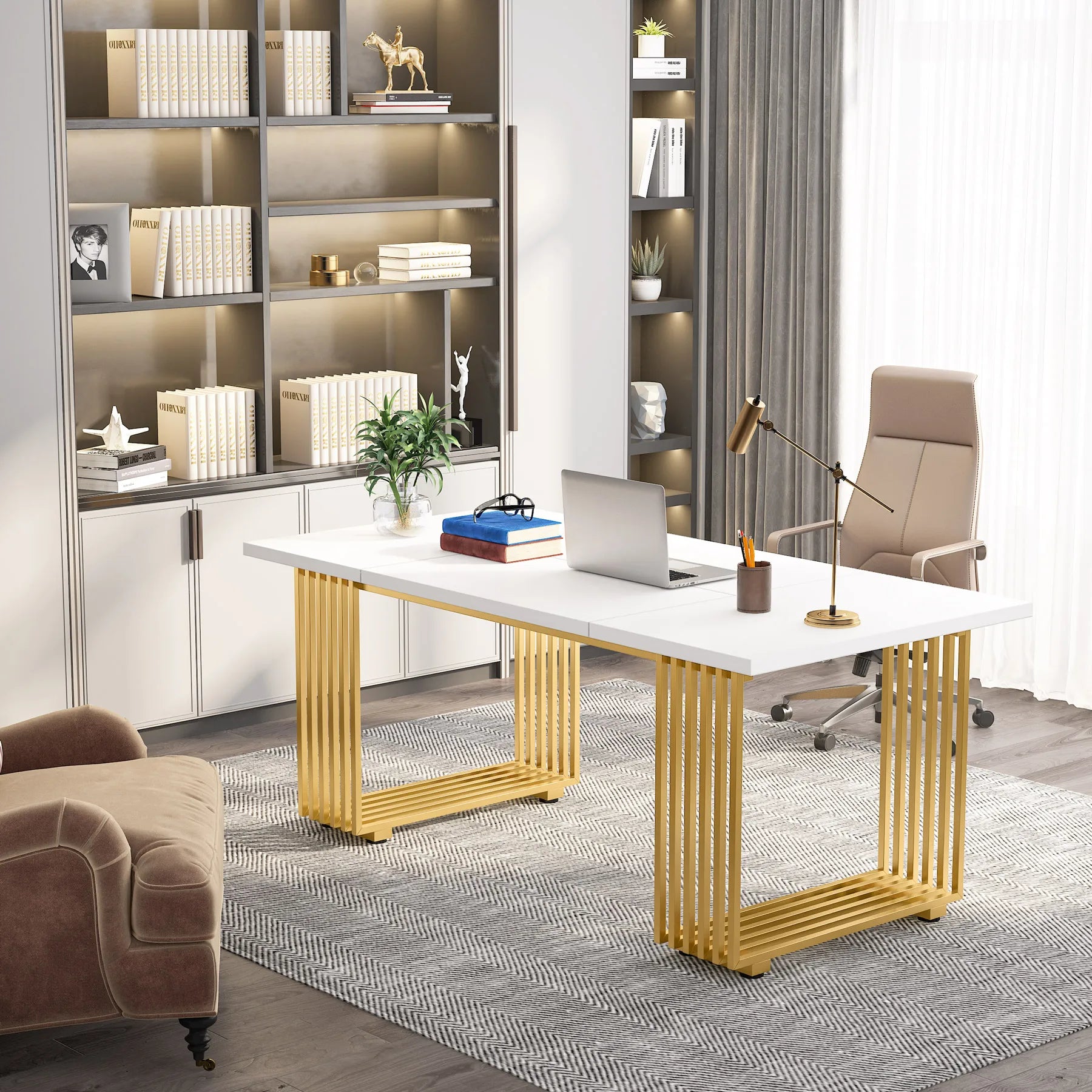 White Executive Desk with Gold Metal Legs for Home Office — 70.9"