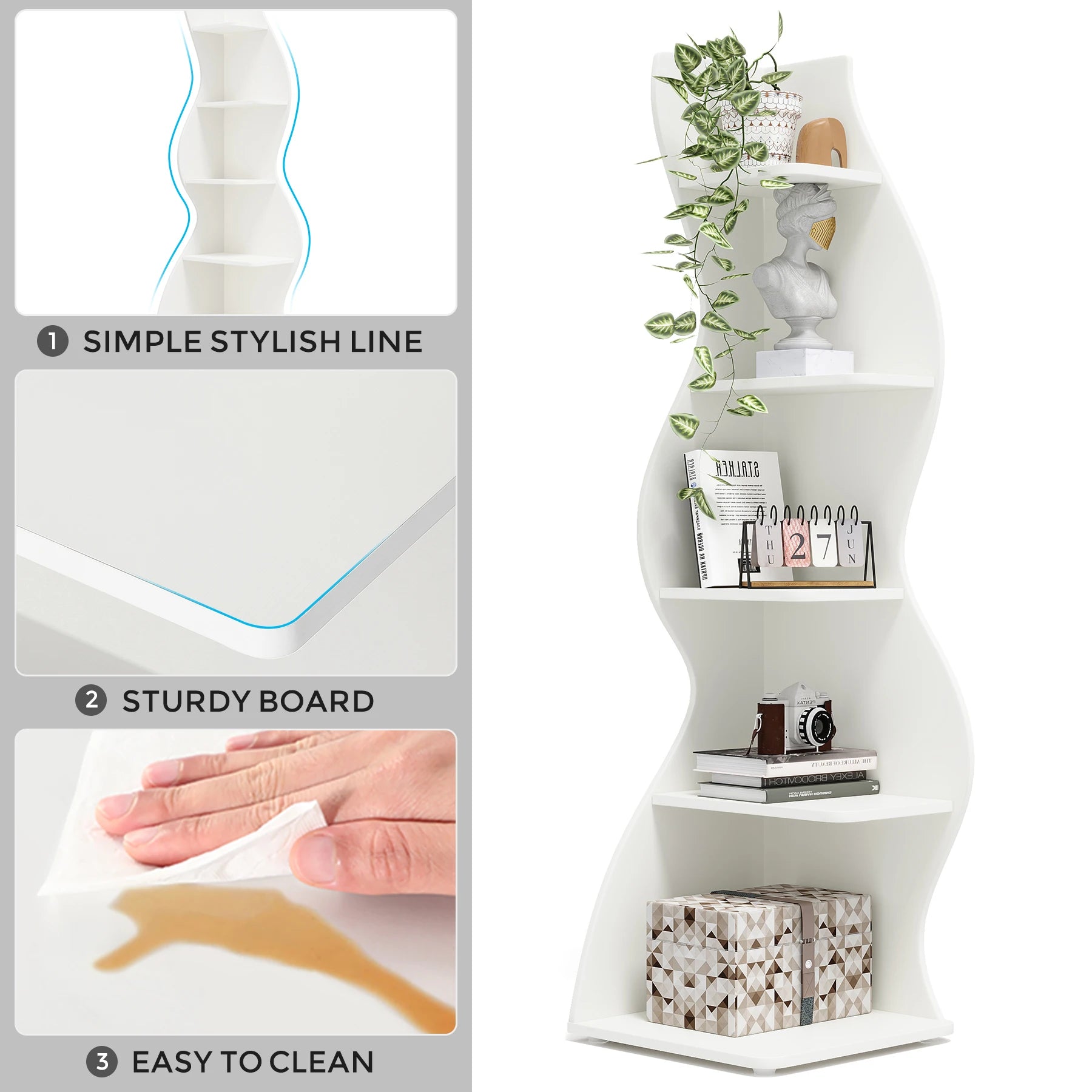 White Wave 5-Tier Corner Bookshelf with Curved Silhouette for Living Room — 65"H Floor Shelf