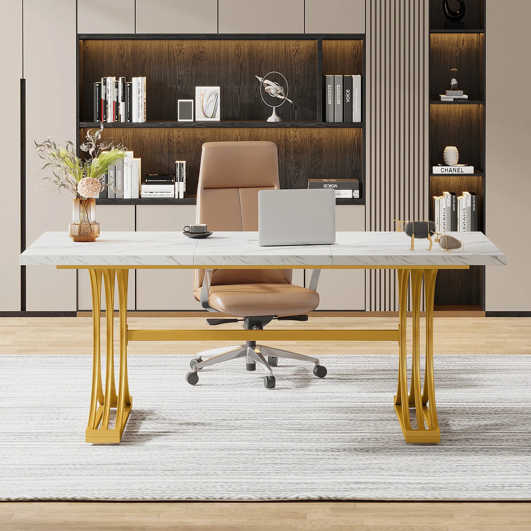 White Executive Desk with Gold Metal Legs for Home Office — 70.9"