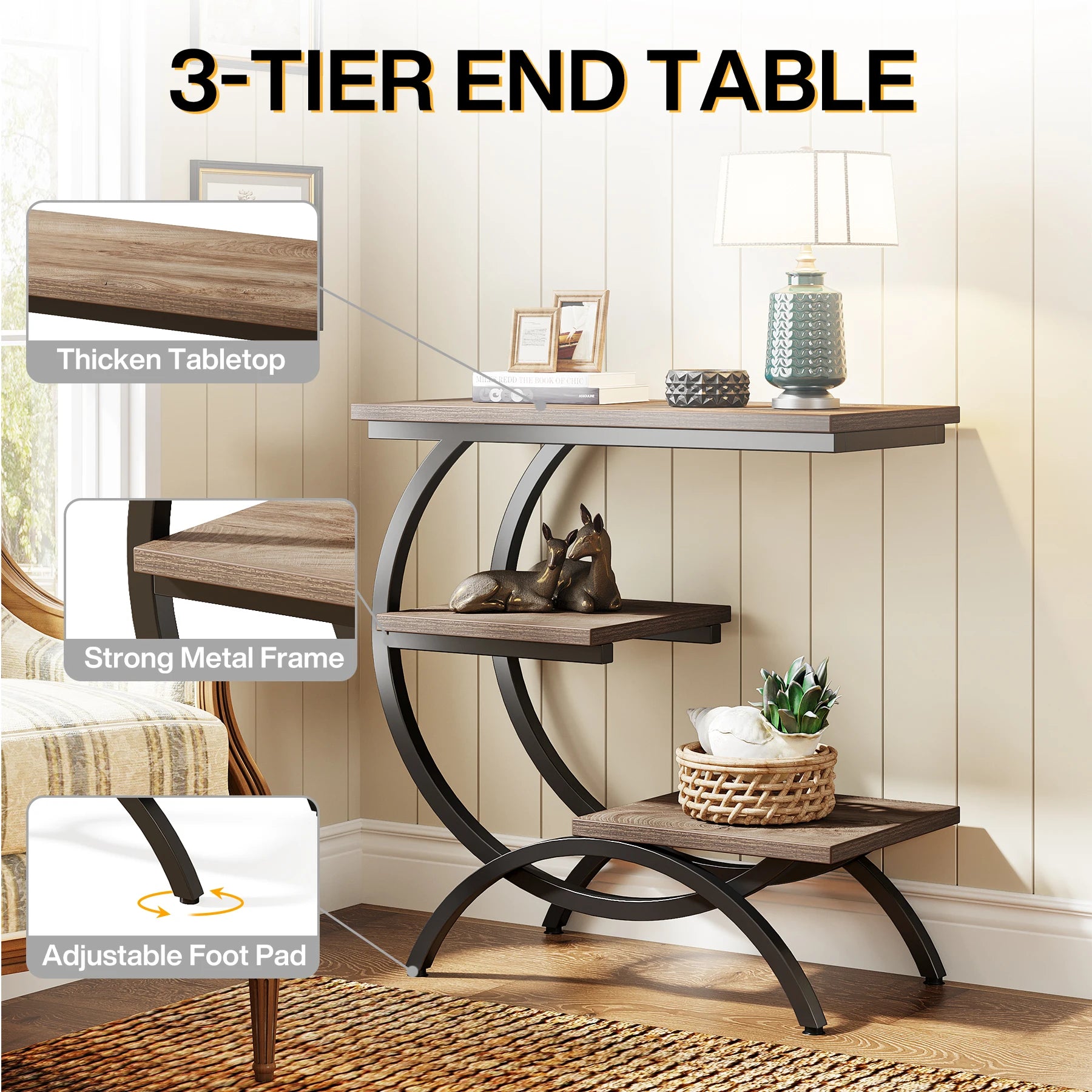 Industrial 3-Tier Side Table with Curved Metal Frame for Living Room — Rustic Brown Wood