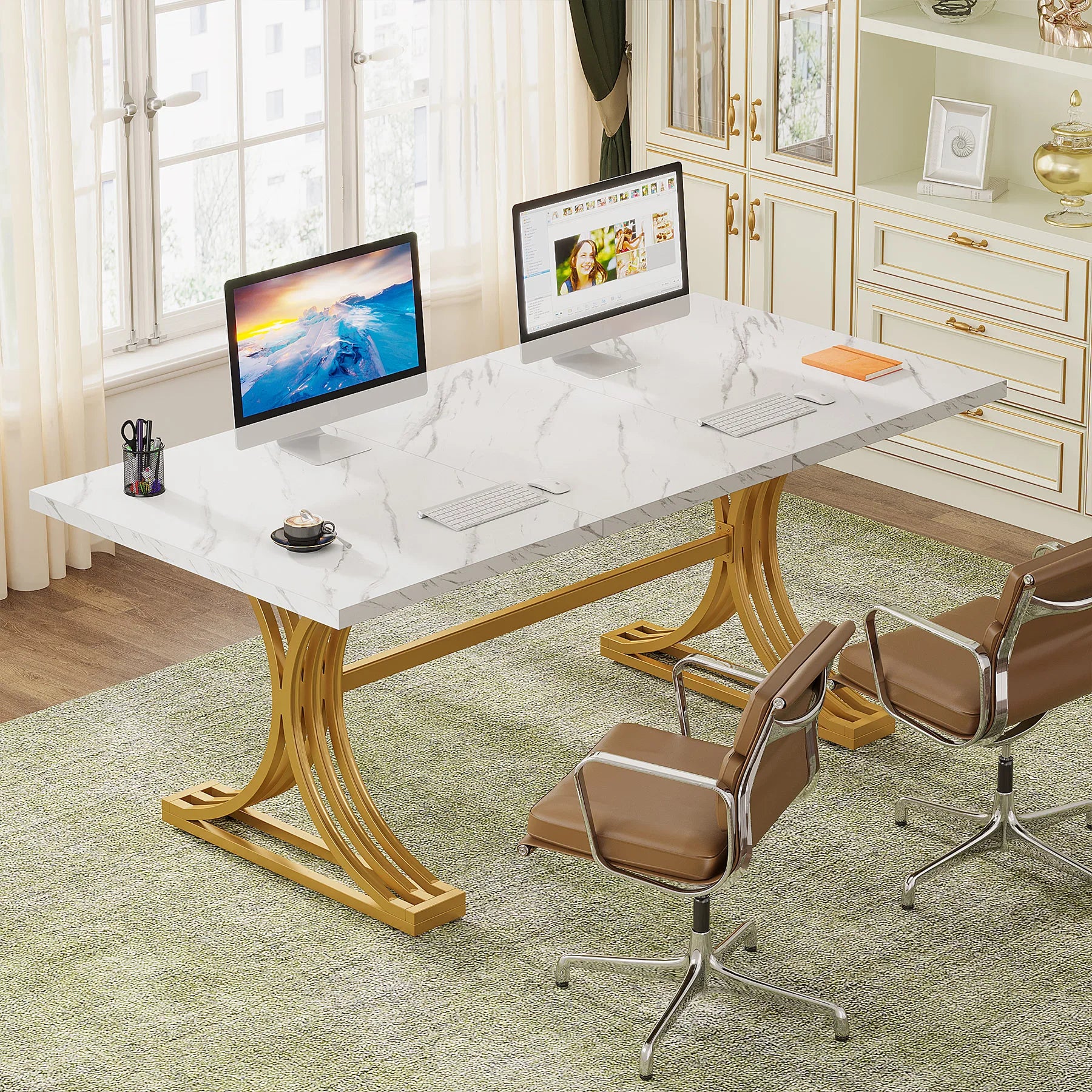 White Executive Desk with Gold Metal Legs for Home Office — 70.9"