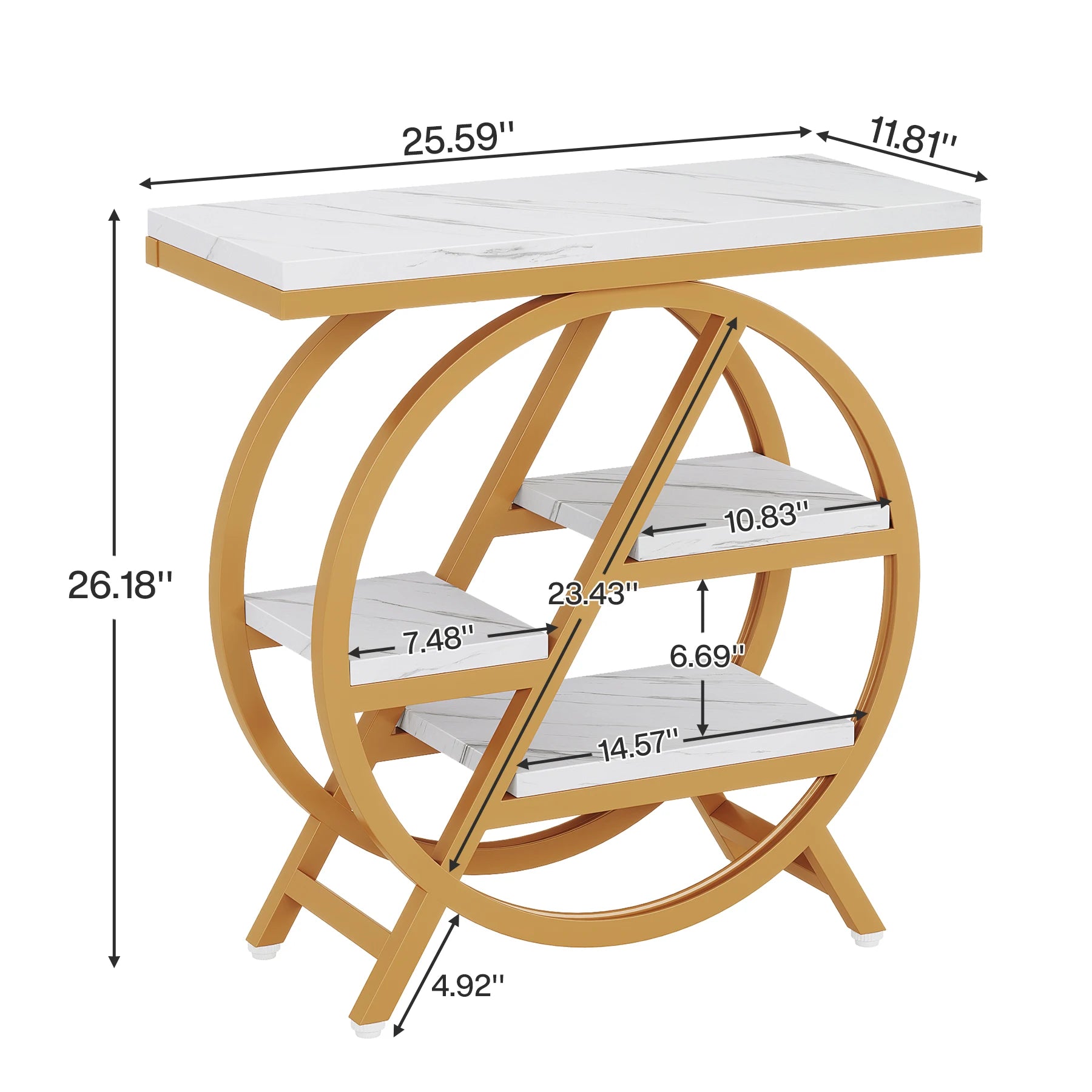 Rustic Wood 3-Tier Side Table with Round Metal Frame for Living Room — Narrow