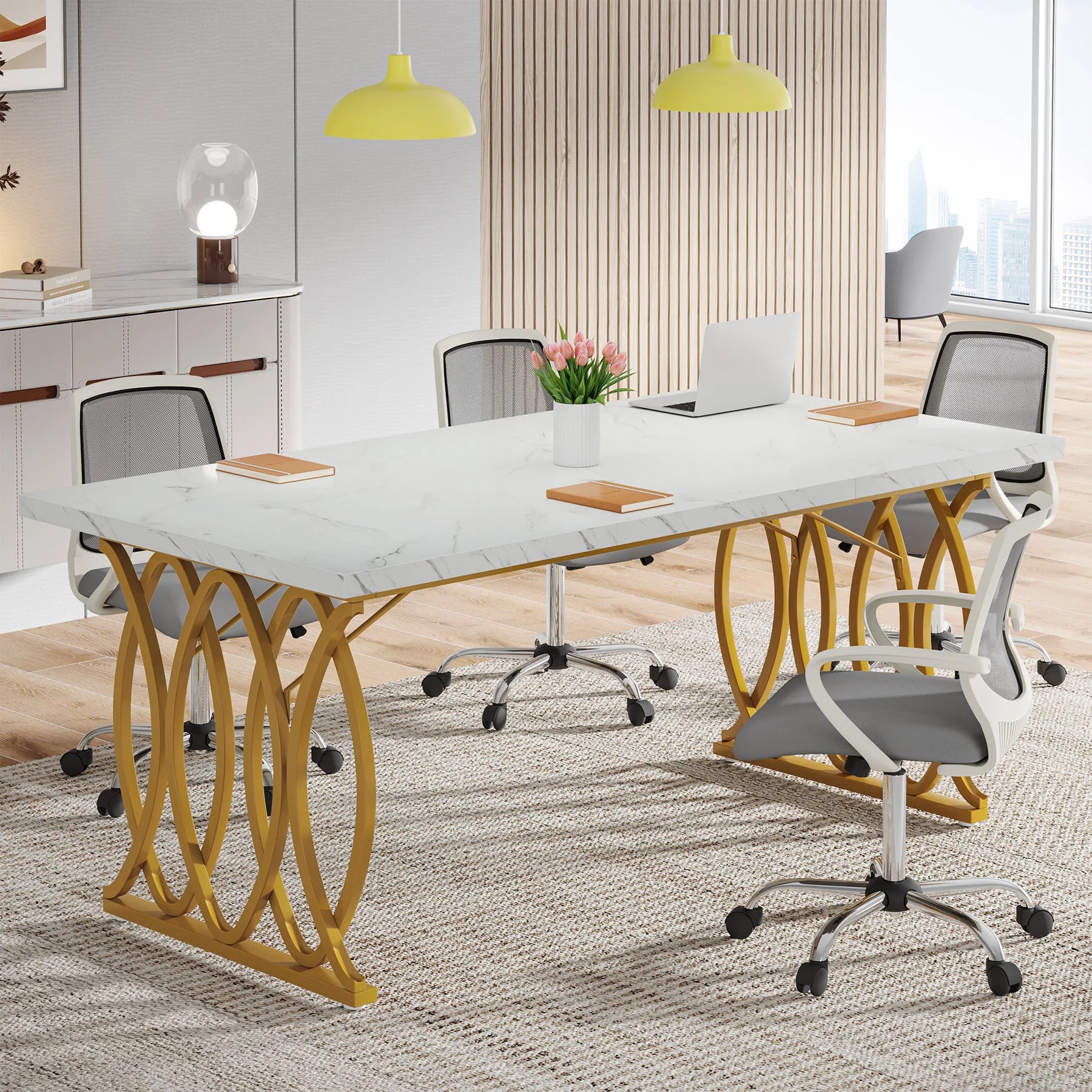 White Executive Desk with Gold Metal Legs for Home Office — 70.9"