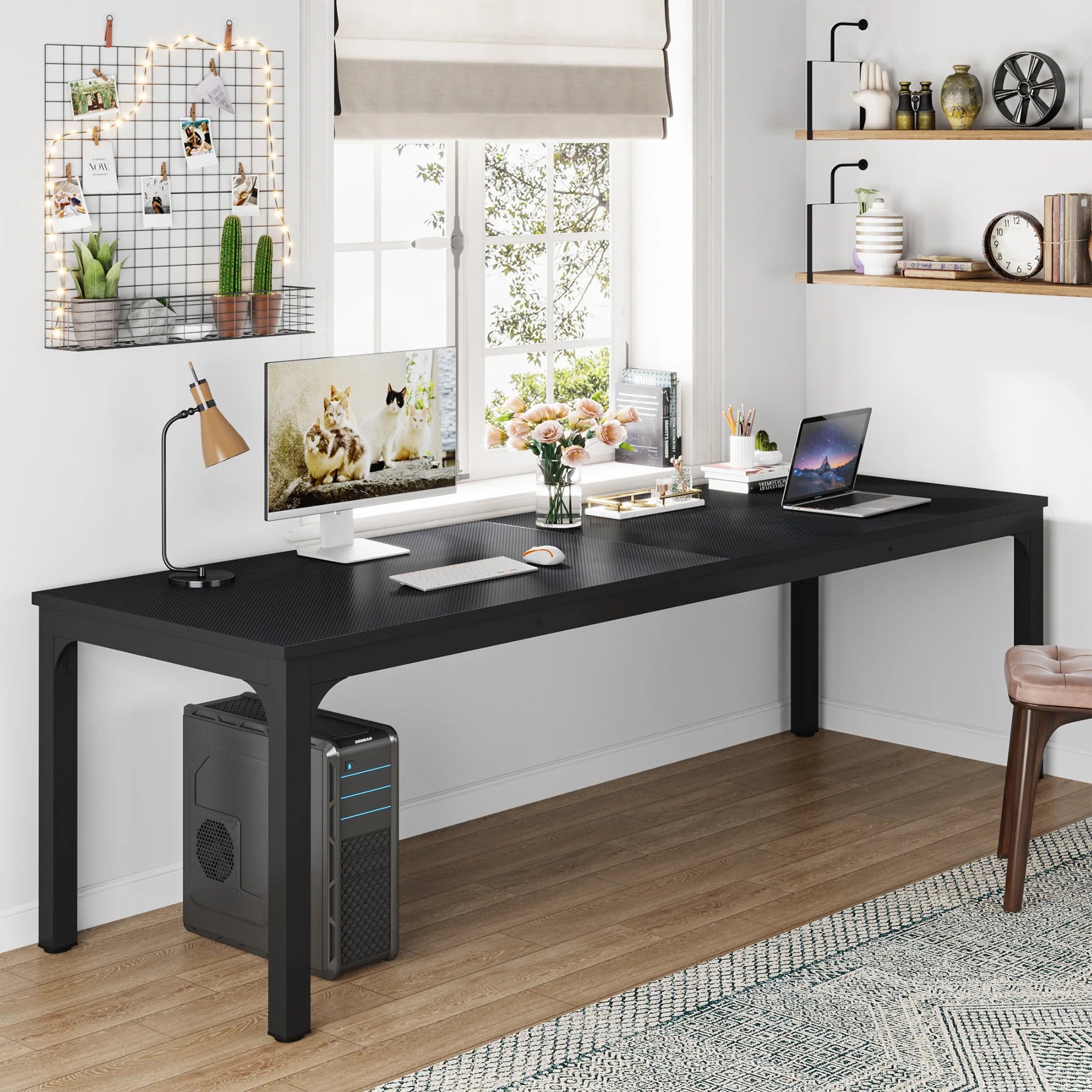Industrial Wood Computer Desk with Steel Frame for Two-Person Home Office — 78.7"