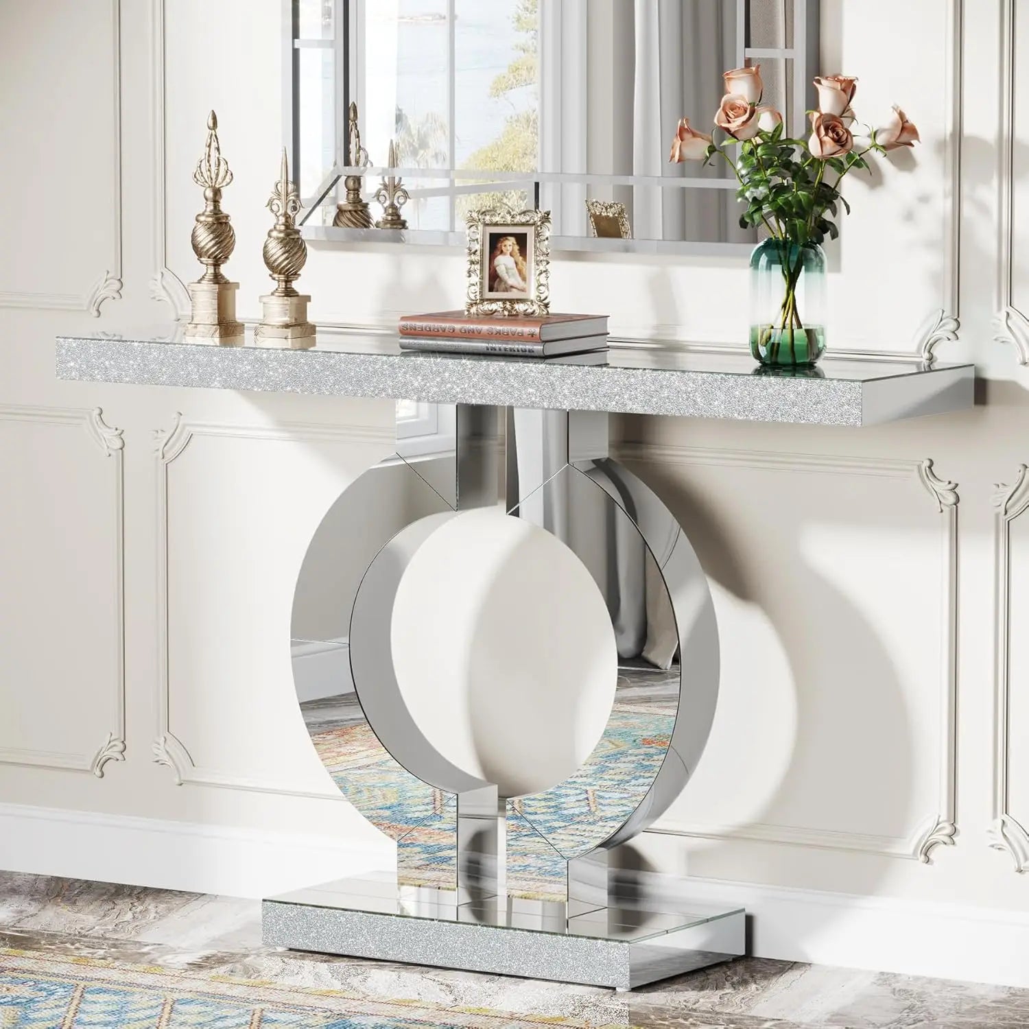 Mirrored Console Table with Crystal Sparkle Finish for Entryway — 43" Wide