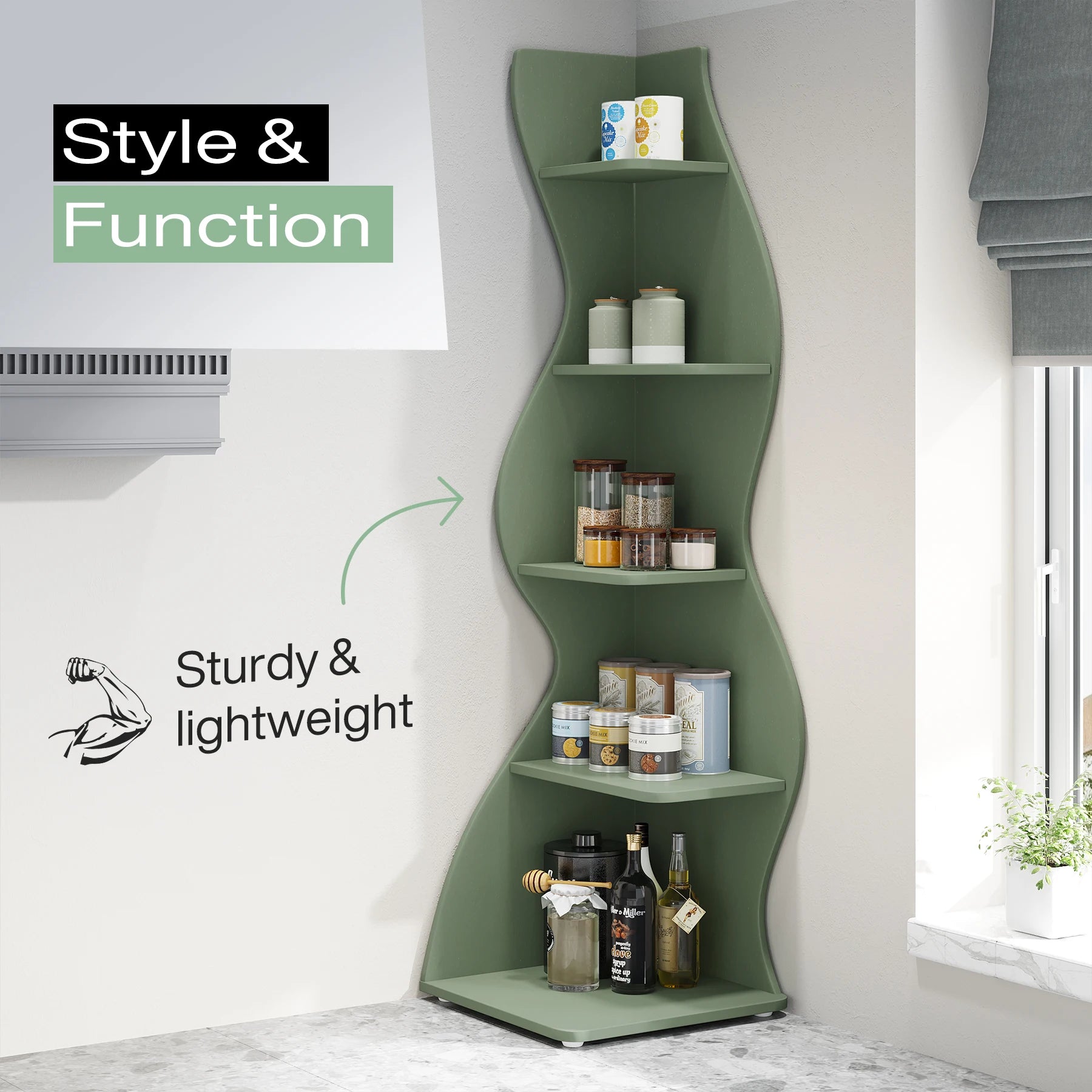 White Wave 5-Tier Corner Bookshelf with Curved Silhouette for Living Room — 65"H Floor Shelf