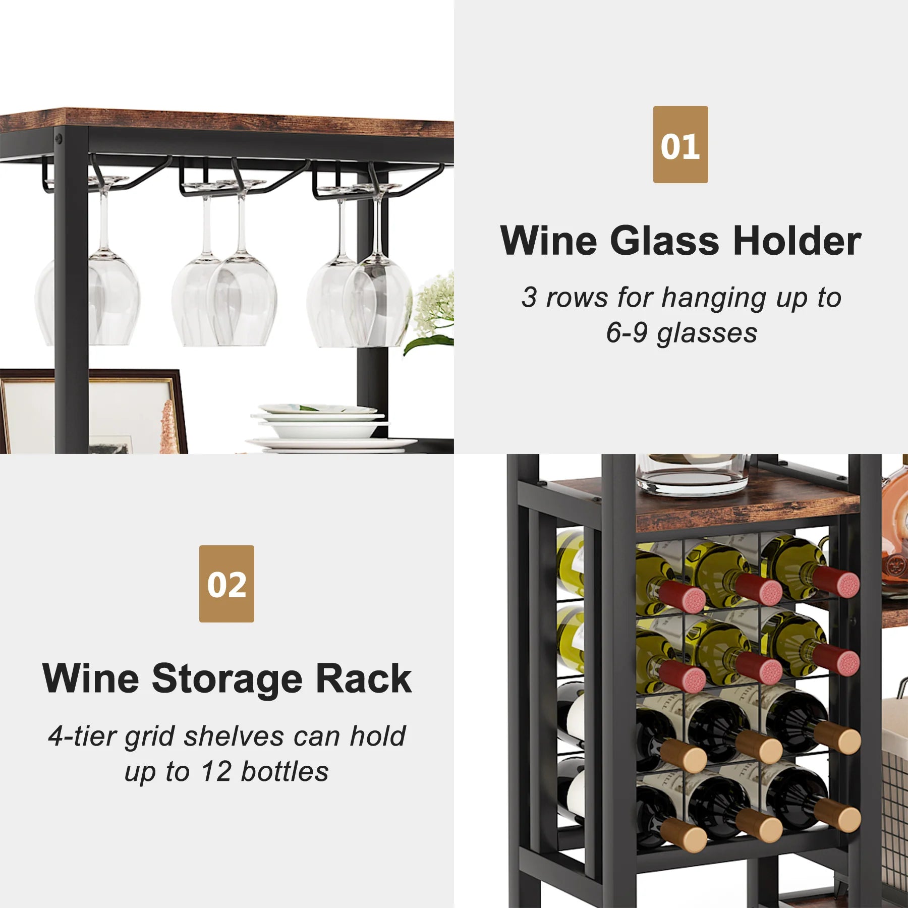 Industrial Wine Bakers Rack, 20-Bottle Freestanding Wine Rack with Glass Holder & Storage Shelves