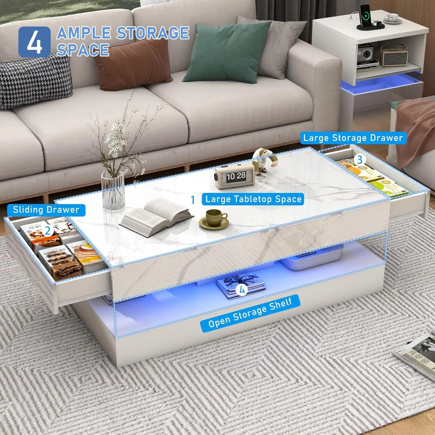 LED Coffee Table with Storage — Modern Faux Marble Coffee Table with Drawers for Living Room