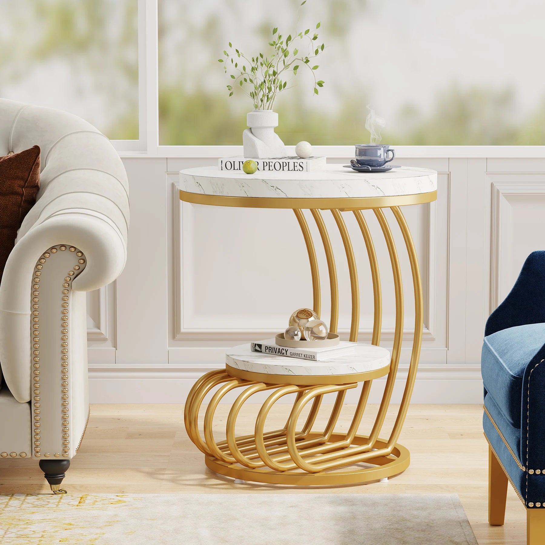 Gold Round Side Table with Faux-Marble Tiers for Living Room — 20-inch Sculptural Accent Table