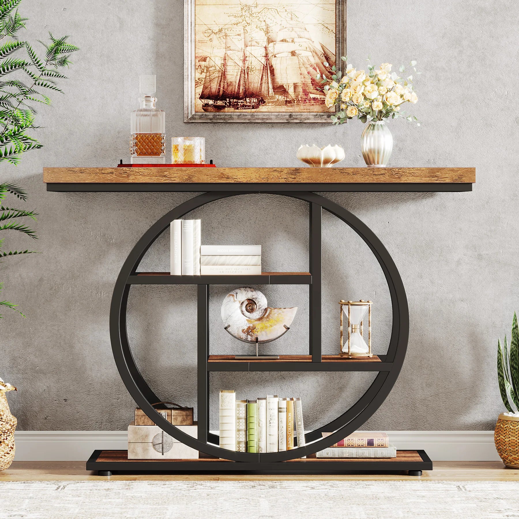 Rustic Wood 4-Tier Console Table with Round Metal Frame for Entryway — 41.3in