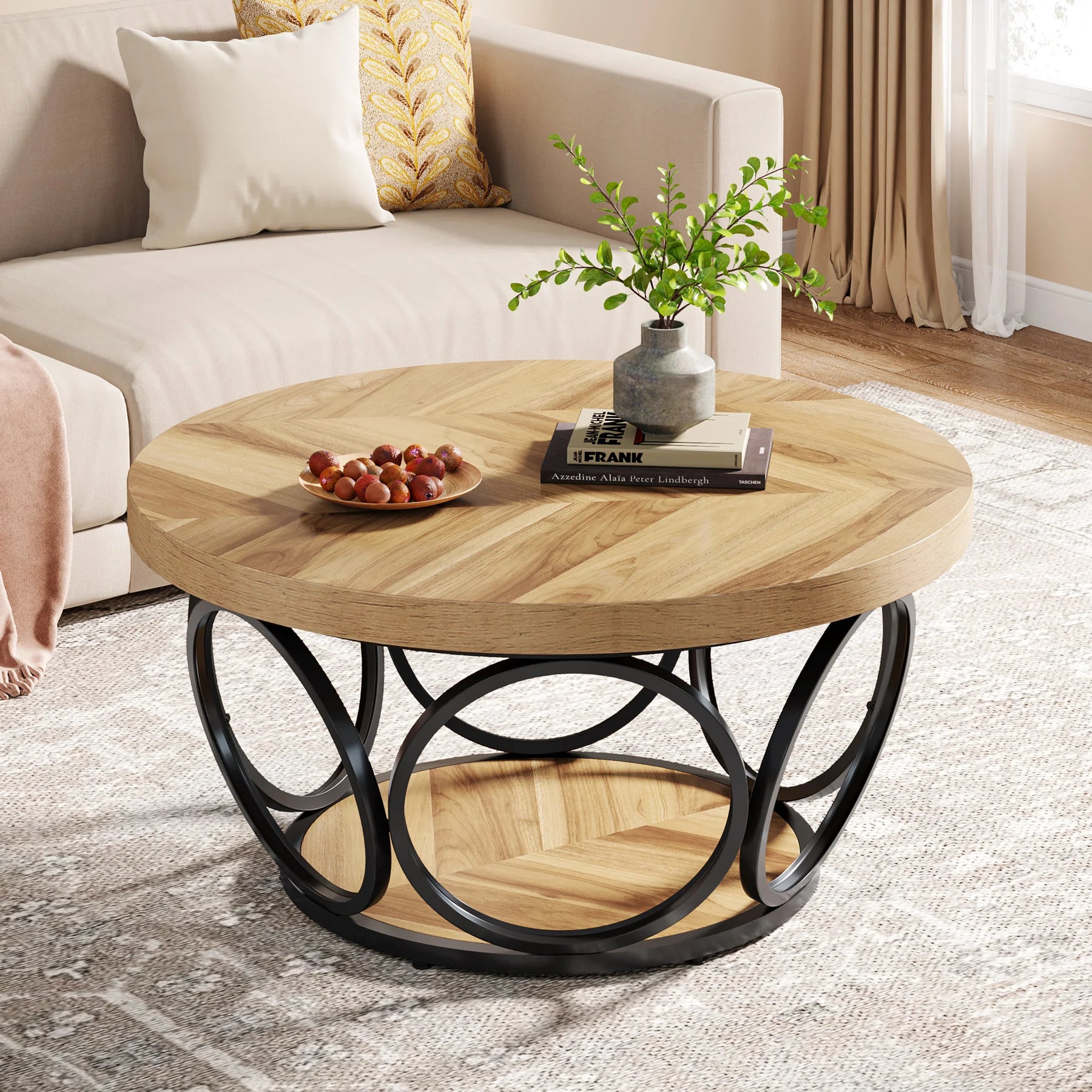 Round Industrial Coffee Table with Storage Shelf for Living Room — 31.7" Oak