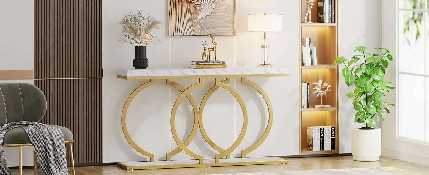 Faux Marble Console Table, 55" Gold Entryway Table — Narrow Sofa Table for Living Room & Hallway