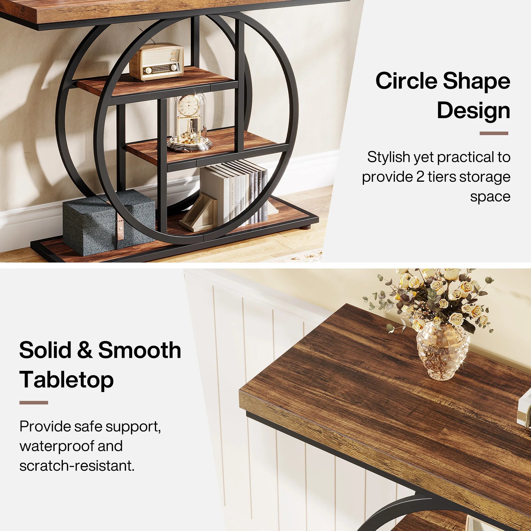 Rustic Wood 4-Tier Console Table with Round Metal Frame for Entryway — 41.3in