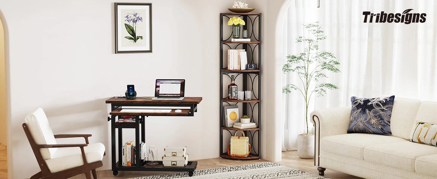 Rustic Corner Shelf with 6 Open Tiers for Living Room — 67in Tall