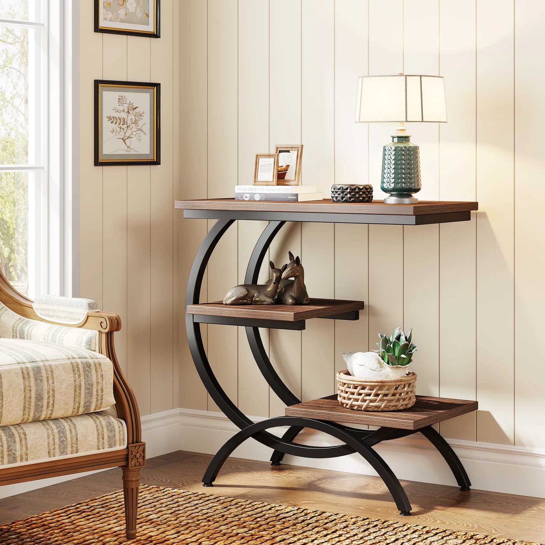 Industrial 3-Tier Side Table with Curved Metal Frame for Living Room — Rustic Brown Wood