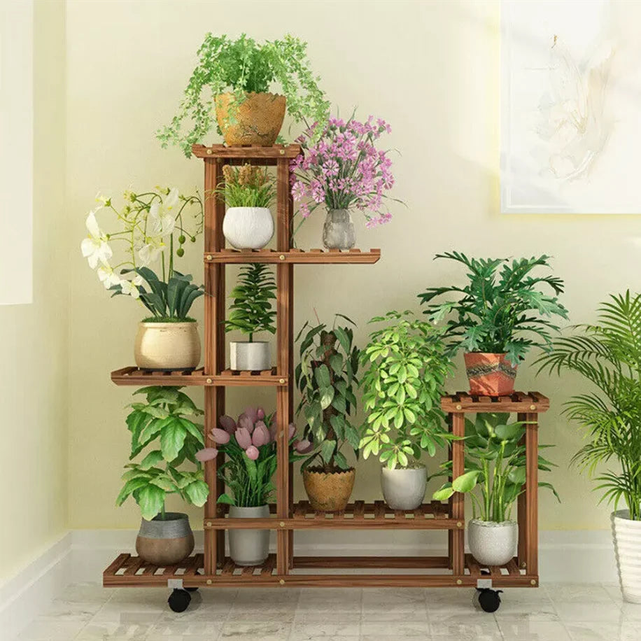 Carbonized Pine Plant Stand with Wheels for Living Room — 6-Tier Rolling Display