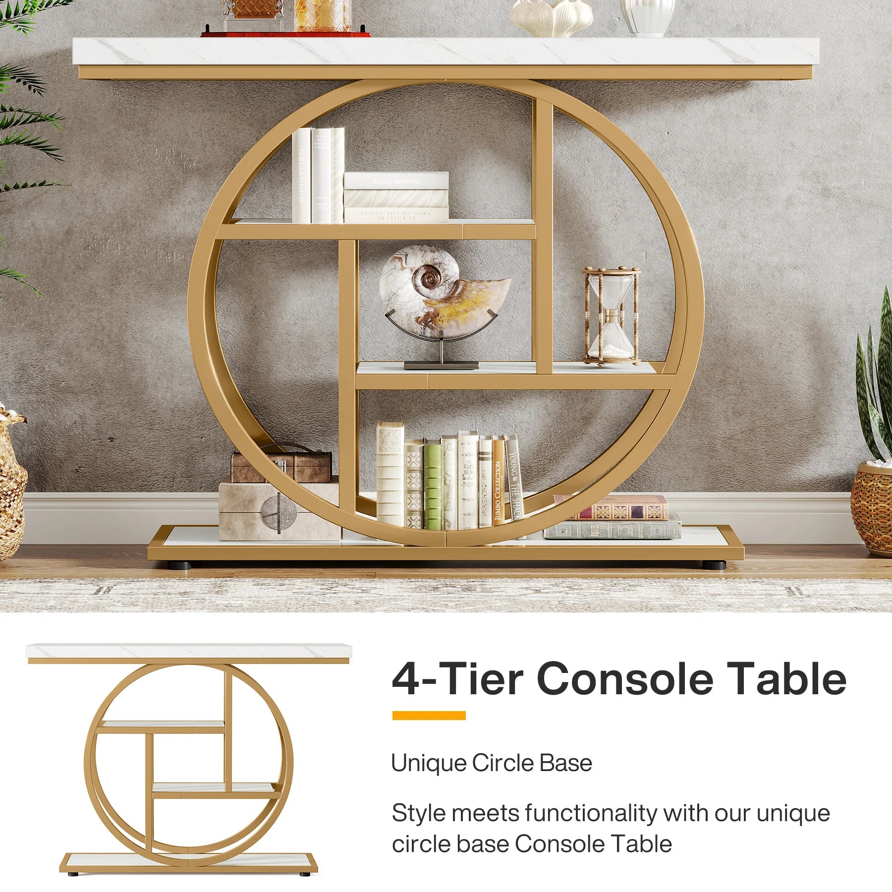 Faux Marble Gold Console Table with Storage Shelves for Entryway — 70" Behind-Sofa
