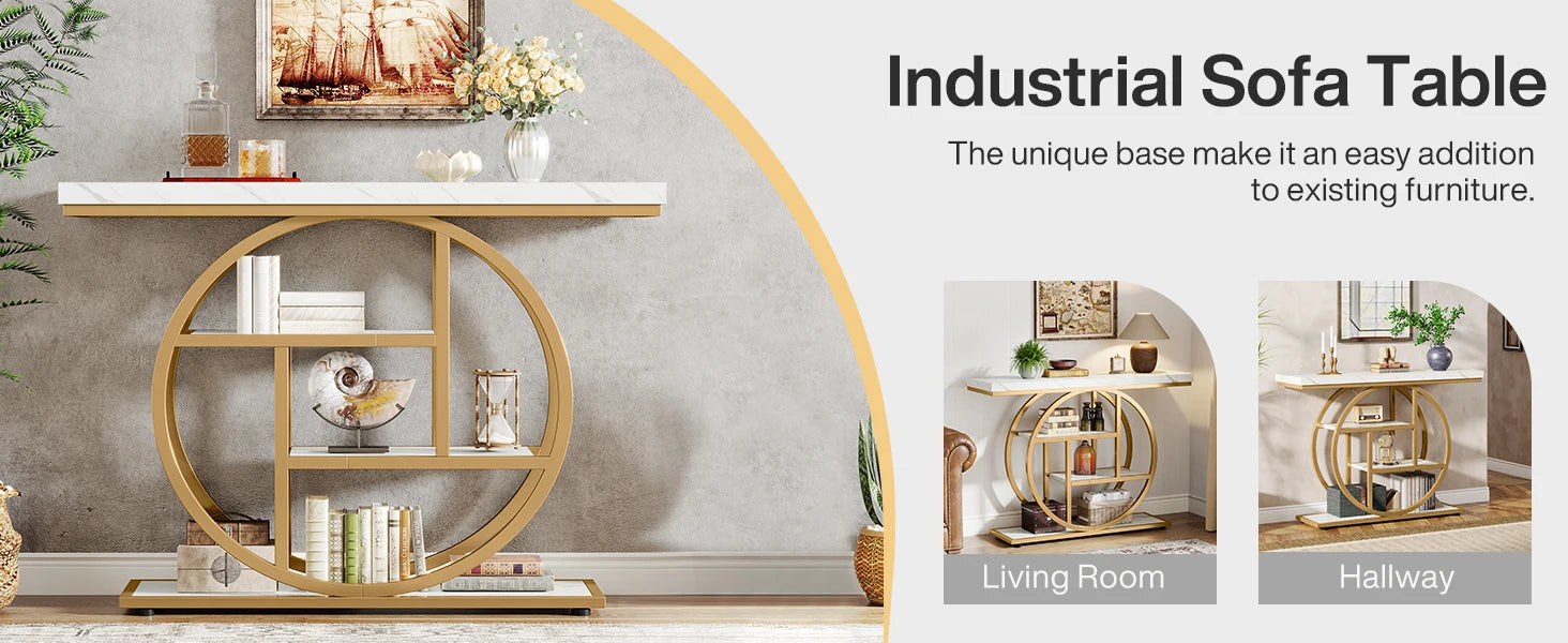 Faux Marble Gold Console Table with Storage Shelves for Entryway — 70" Behind-Sofa