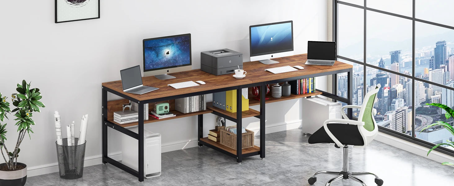 Rustic Two-Person Desk with Bookshelf for Home Office — 78.7in Double Workstation