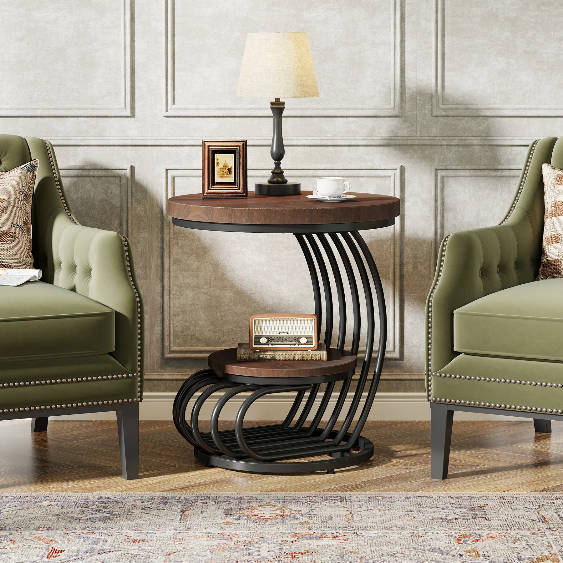 Gold Round Side Table with Faux-Marble Tiers for Living Room — 20-inch Sculptural Accent Table