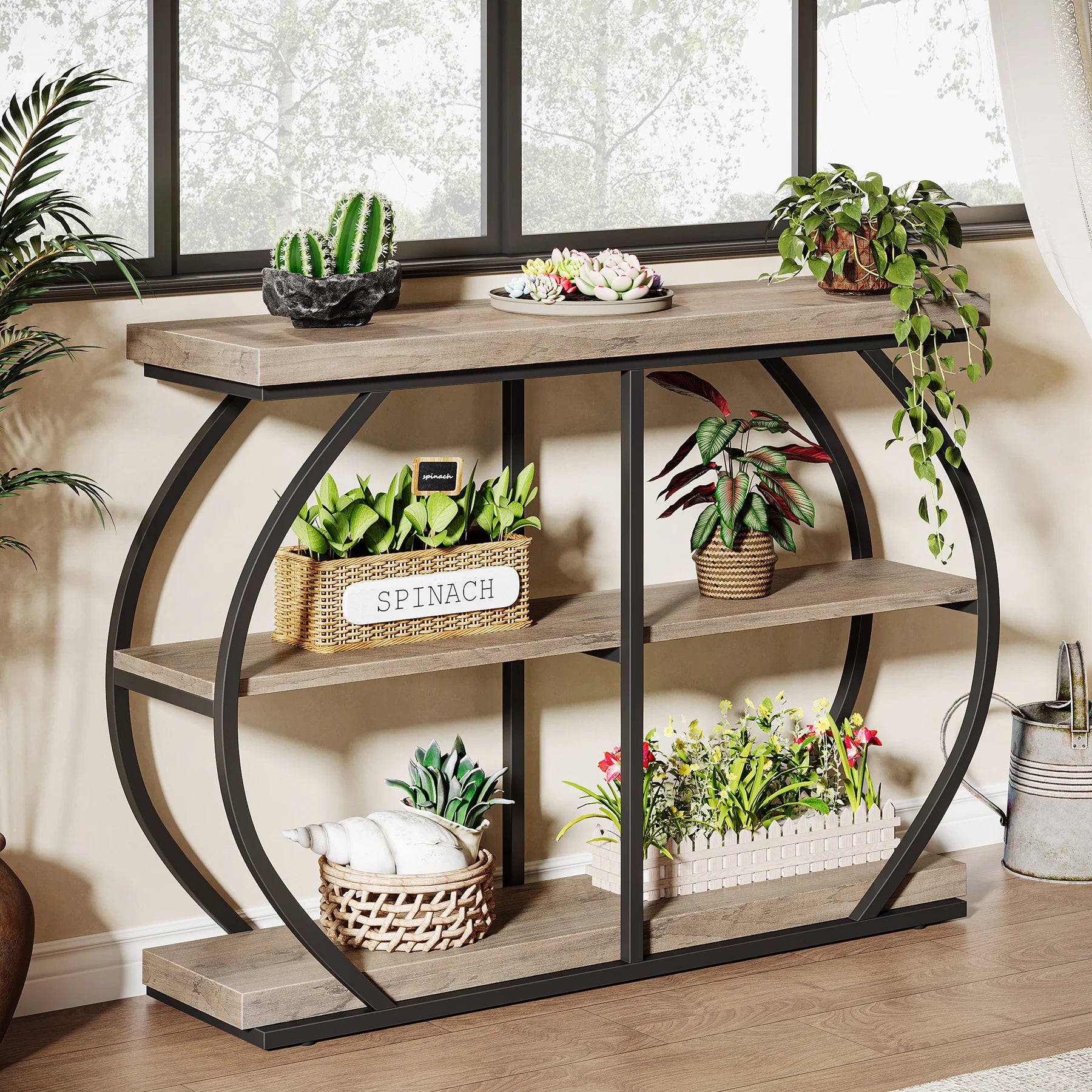 Rustic Industrial Console Table with Arched Metal Frame and 3 Storage Shelves for Entryway — 41 in