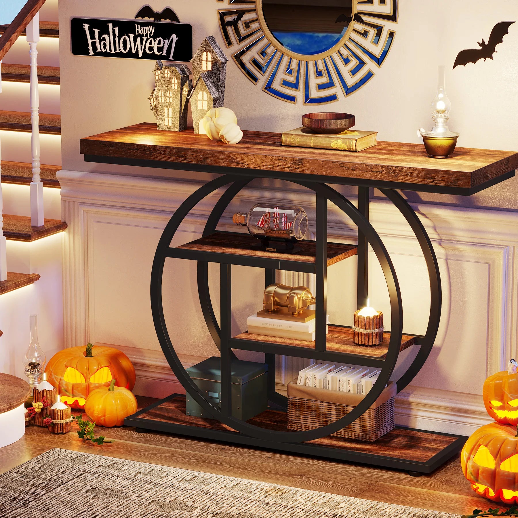 Rustic Wood 4-Tier Console Table with Round Metal Frame for Entryway — 41.3in