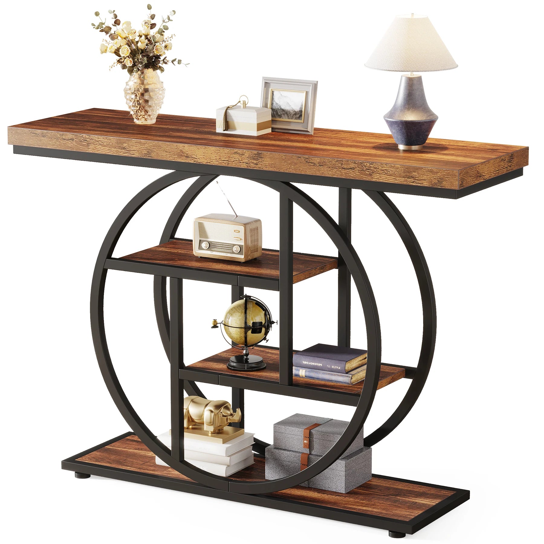 Rustic Wood 4-Tier Console Table with Round Metal Frame for Entryway — 41.3in