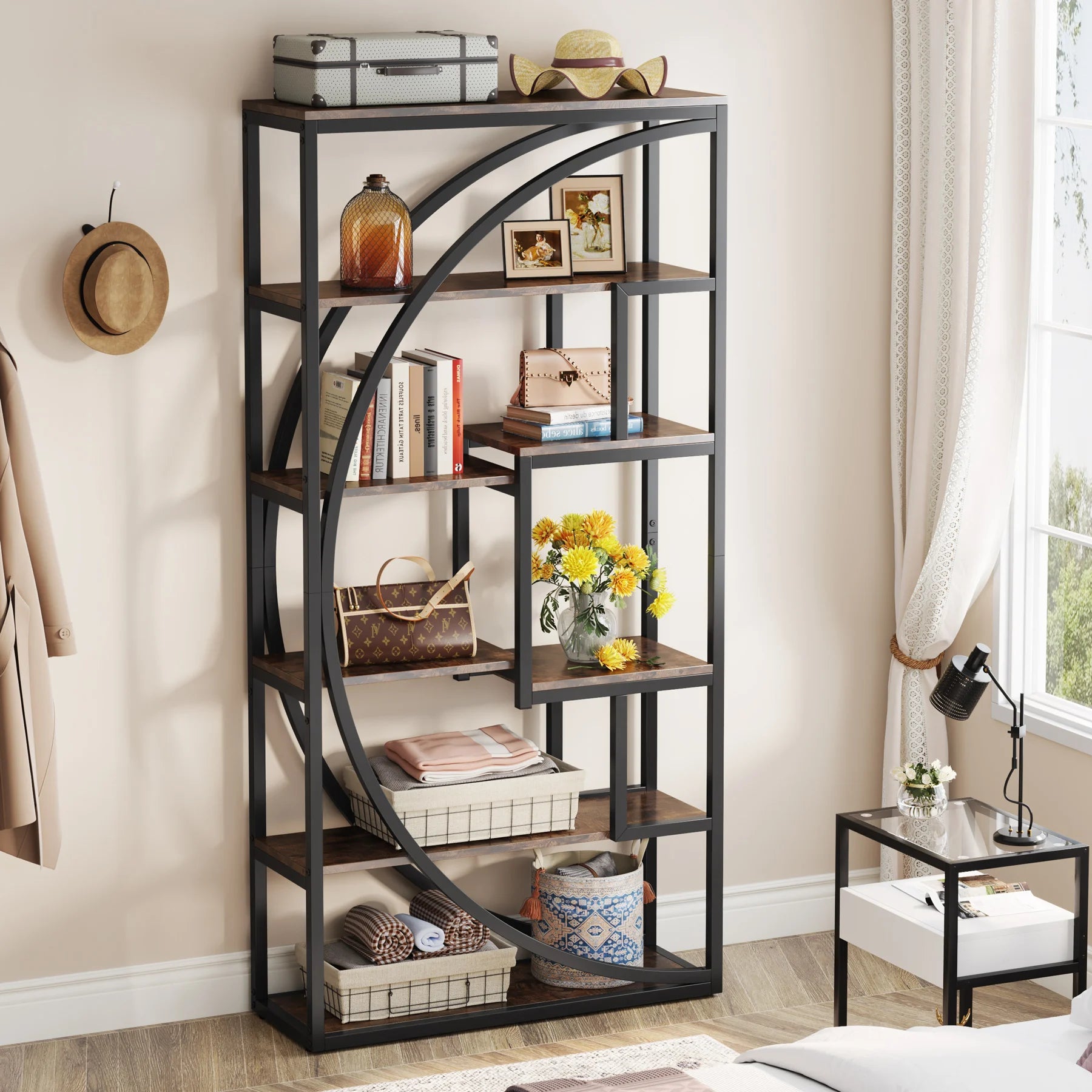 Industrial Etagere Bookcase with Curved Arc for Living Room — 71" Tall Freestanding