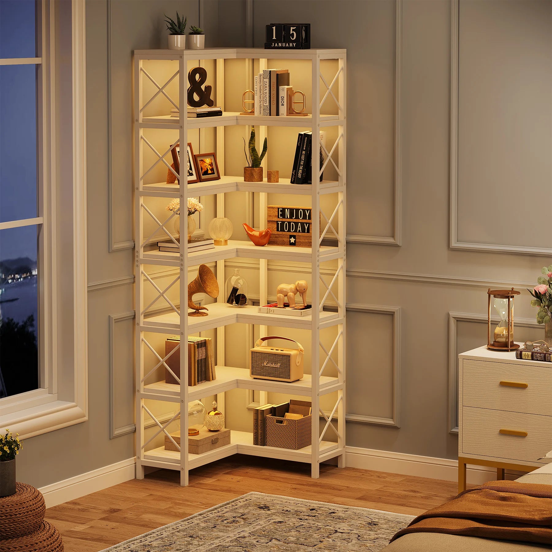 Industrial Corner Bookcase with 7 Shelves and Black Metal Frame for Living Room — 71" Tall