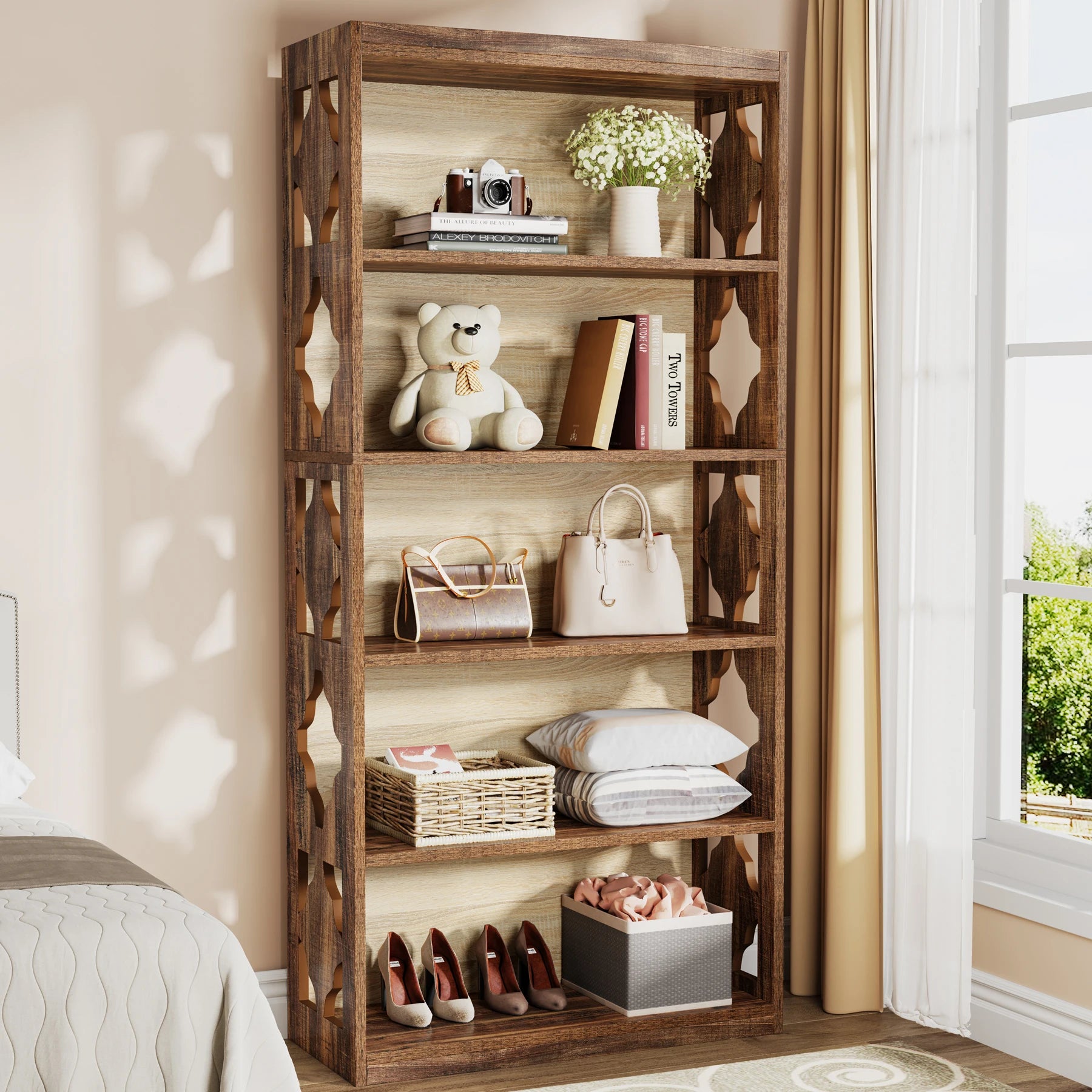 Industrial 6-Tier Bookcase with X-Frame for Living Room — 71in Tall Open Bookshelf