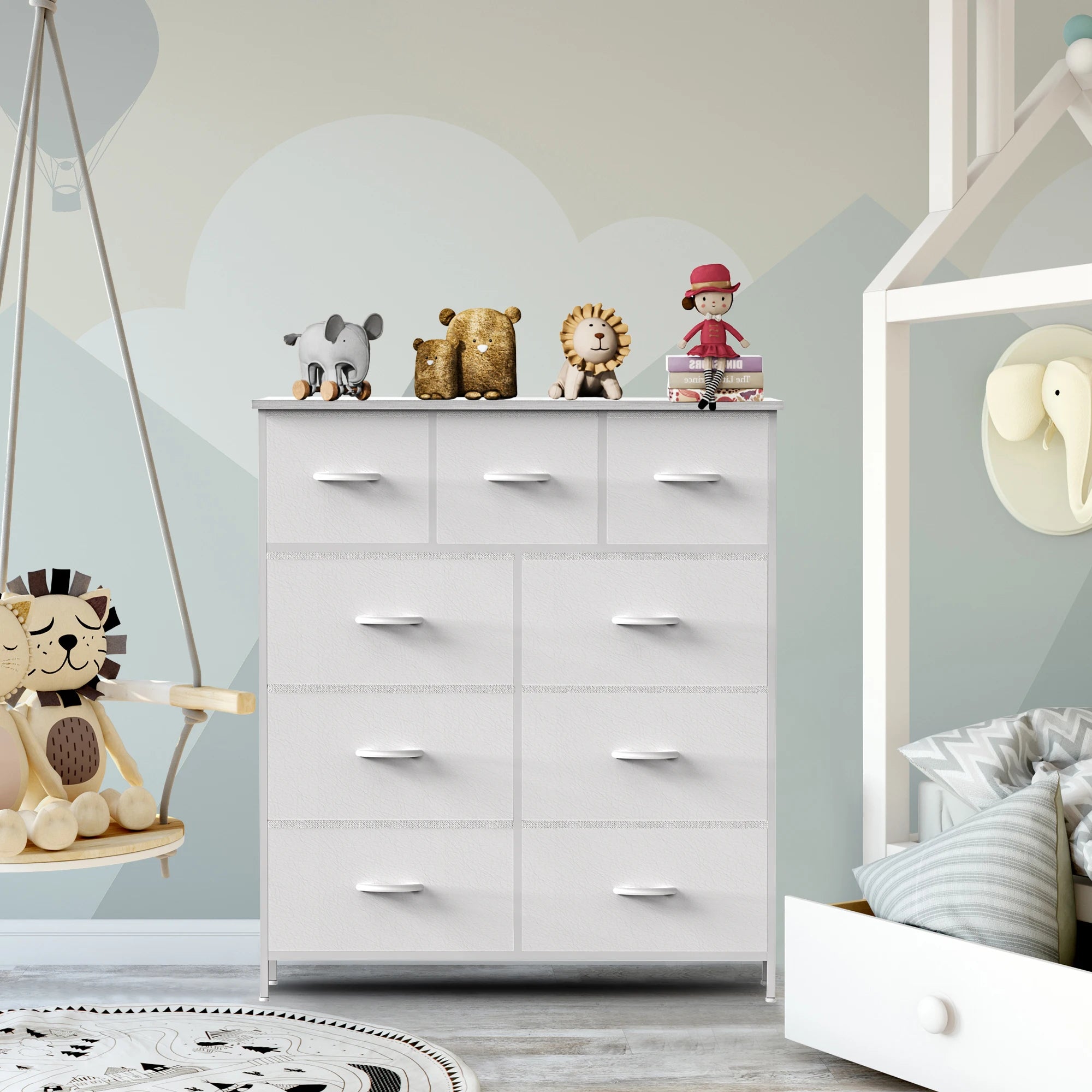 Rustic Wood-Look Dresser with 9 Fabric Drawers for Bedroom — Tall Industrial Chest