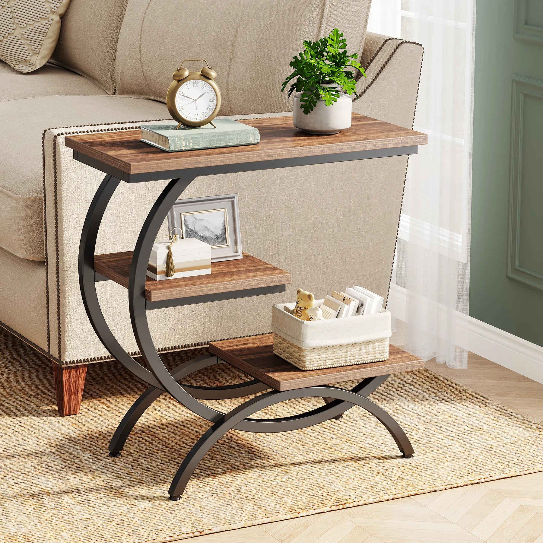 Industrial 3-Tier Side Table with Curved Metal Frame for Living Room — Rustic Brown Wood