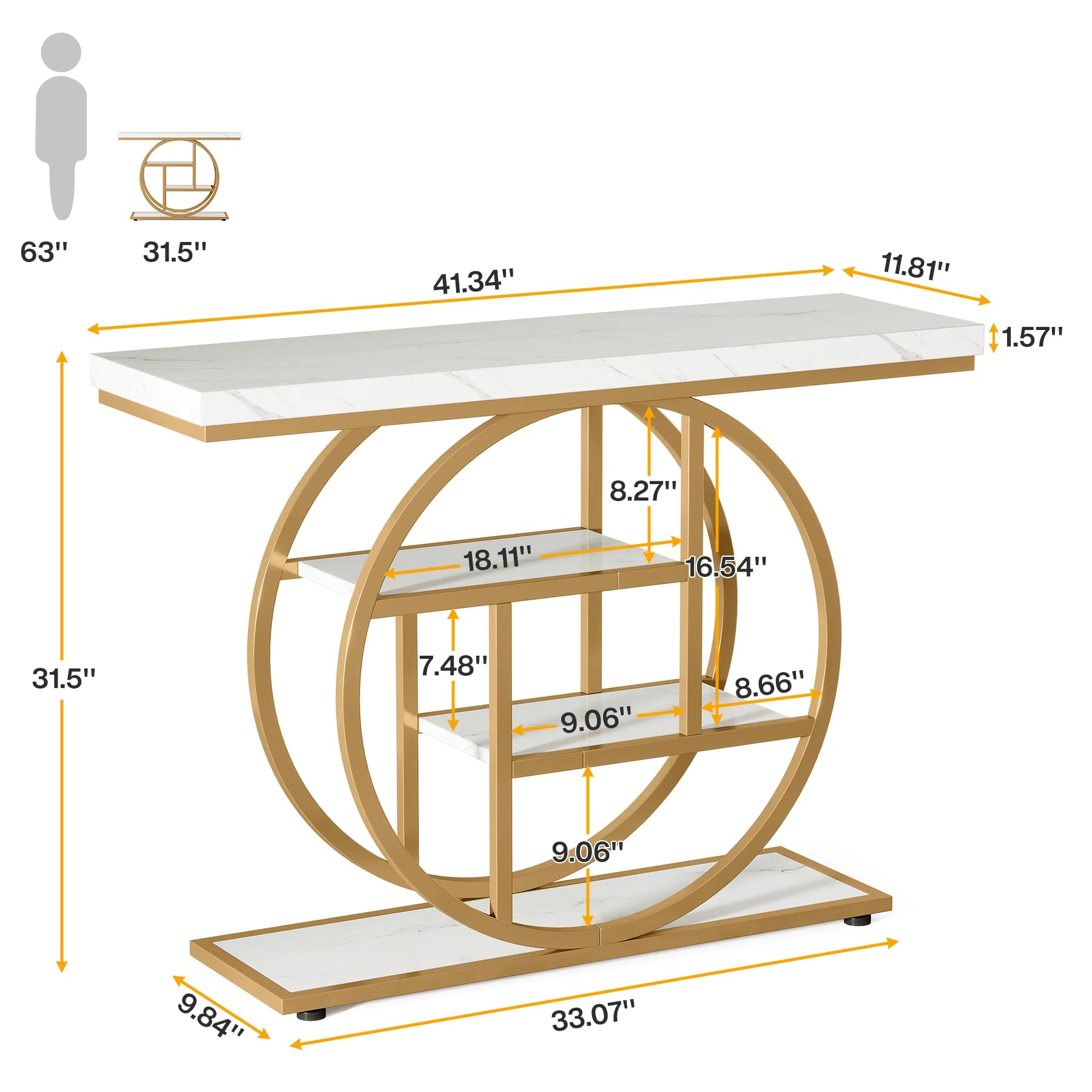 Rustic Wood 4-Tier Console Table with Round Metal Frame for Entryway — 41.3in