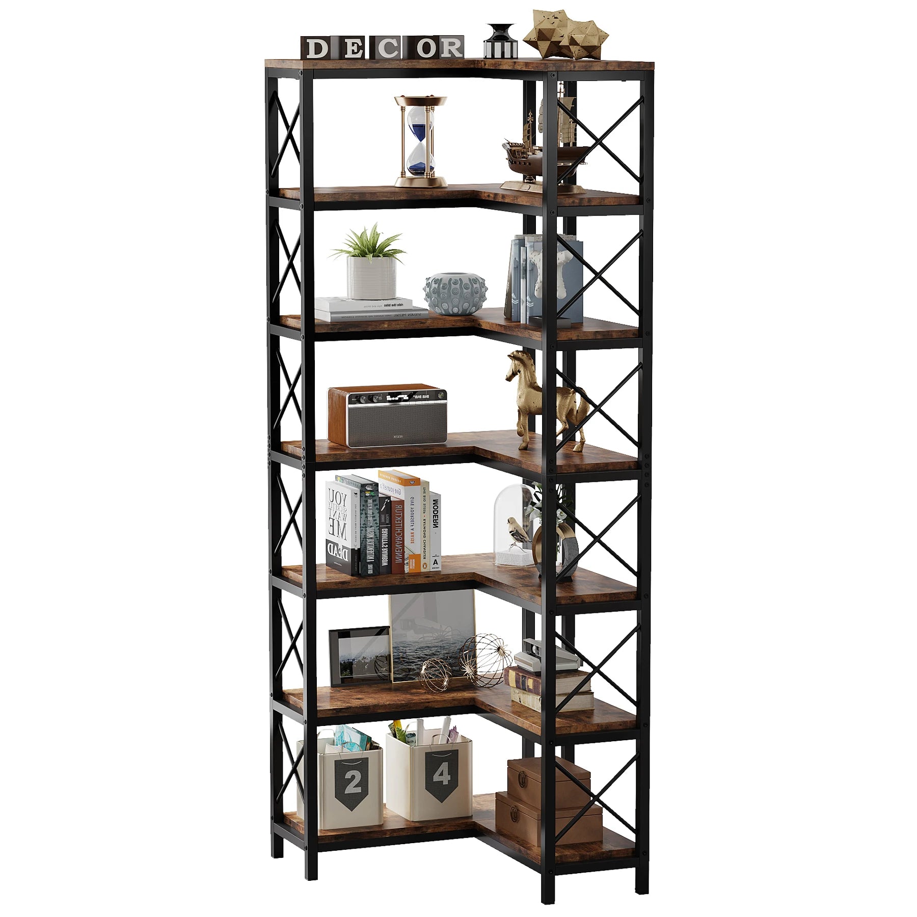 Industrial Corner Bookcase with 7 Shelves and Black Metal Frame for Living Room — 71" Tall