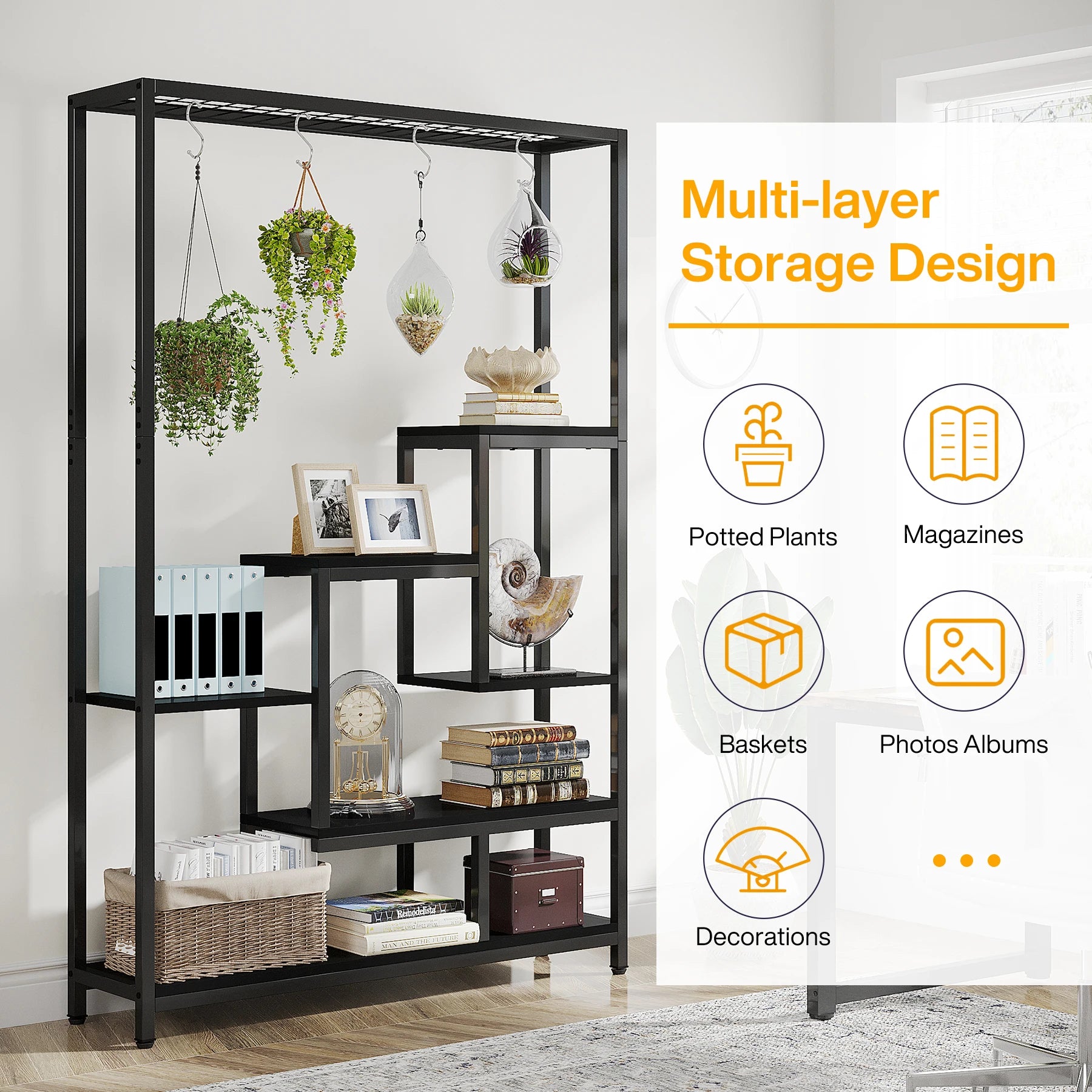 Industrial Metal Plant Stand with Hanging Hooks for Living Room — 5-Tier, 70.9in Tall