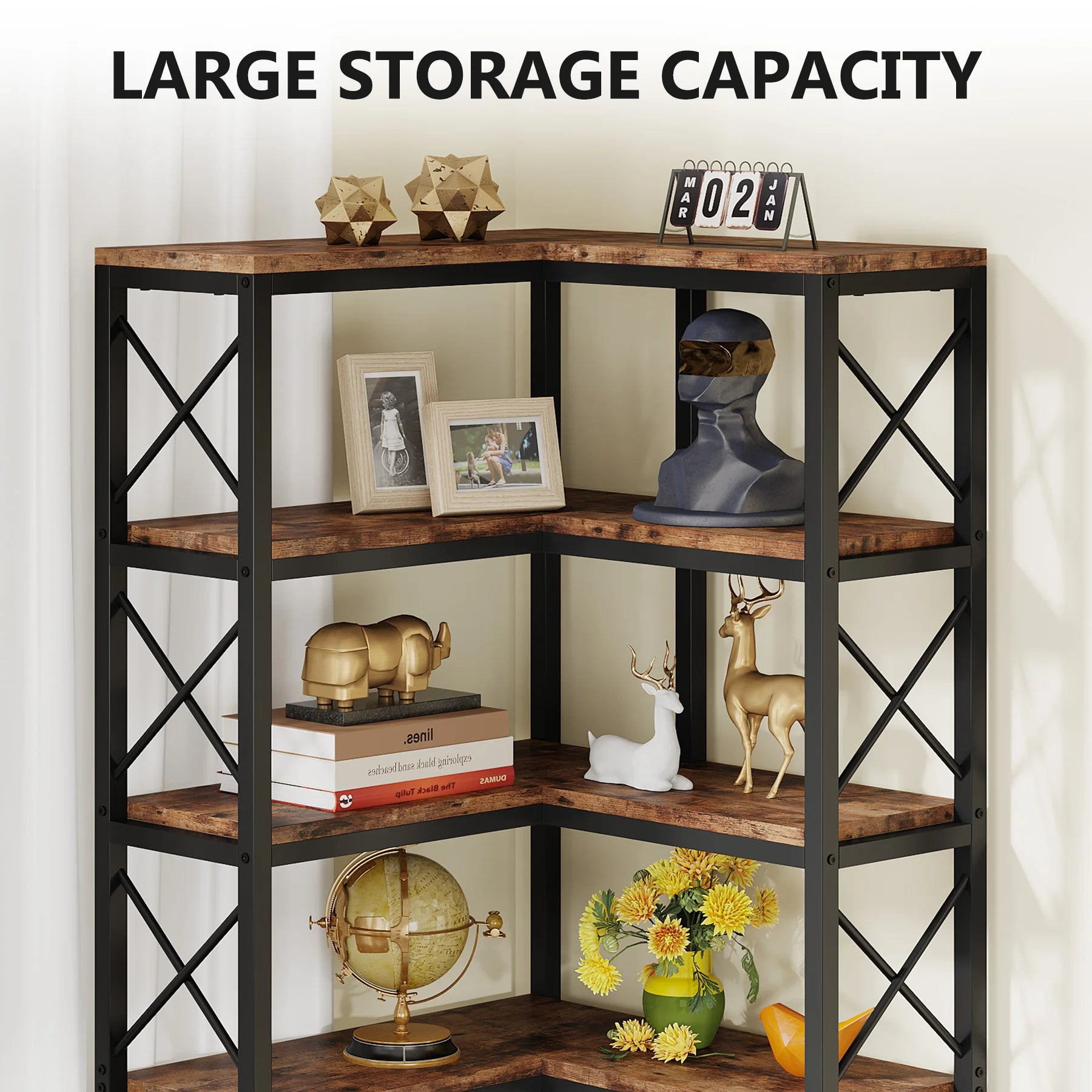 Industrial Corner Bookcase with 7 Shelves and Black Metal Frame for Living Room — 71" Tall