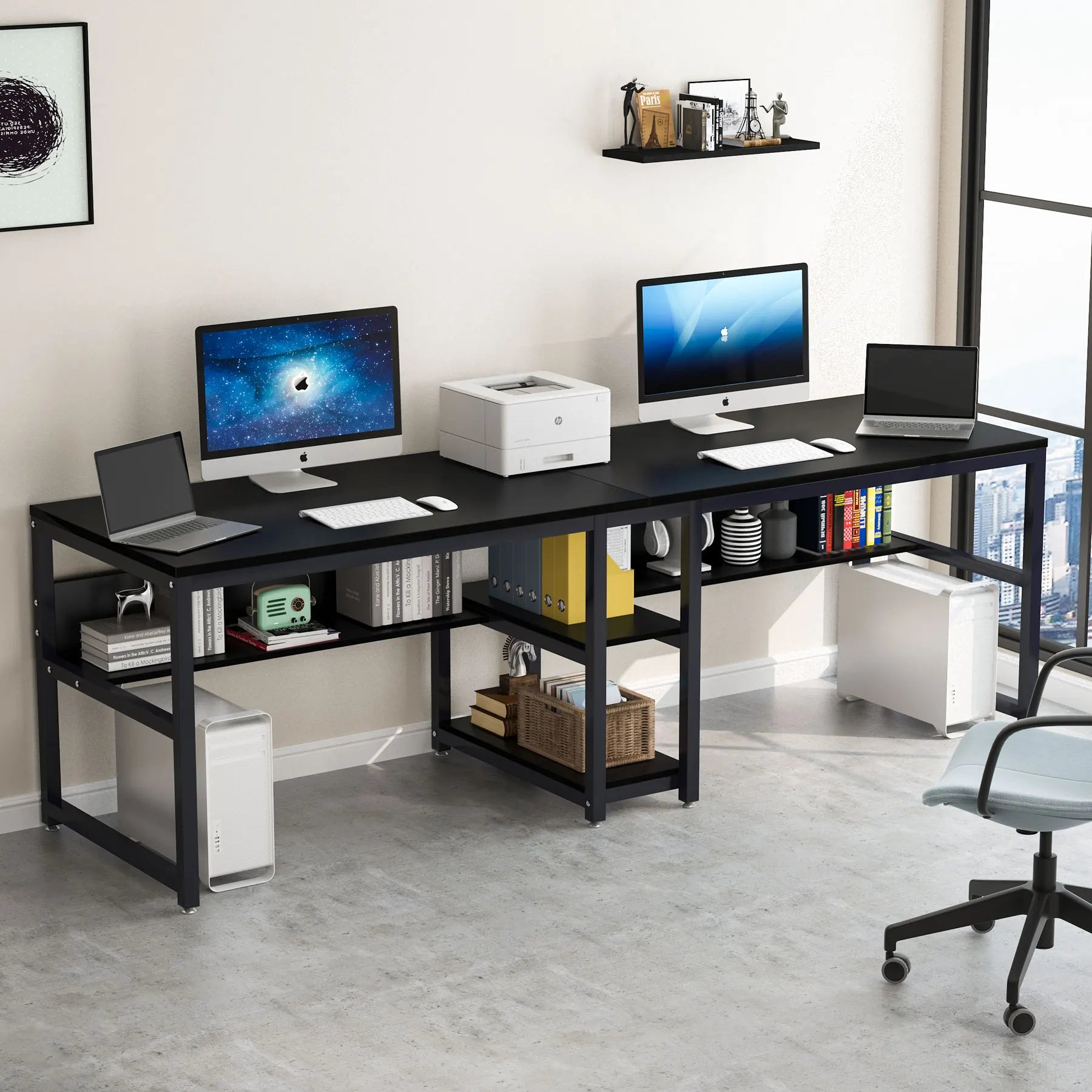 Rustic Two-Person Desk with Bookshelf for Home Office — 78.7in Double Workstation