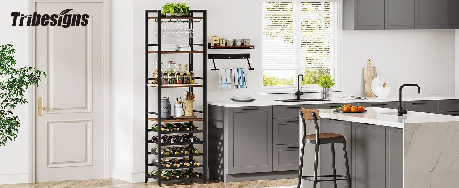 Industrial Wine Bakers Rack, 20-Bottle Freestanding Wine Rack with Glass Holder & Storage Shelves