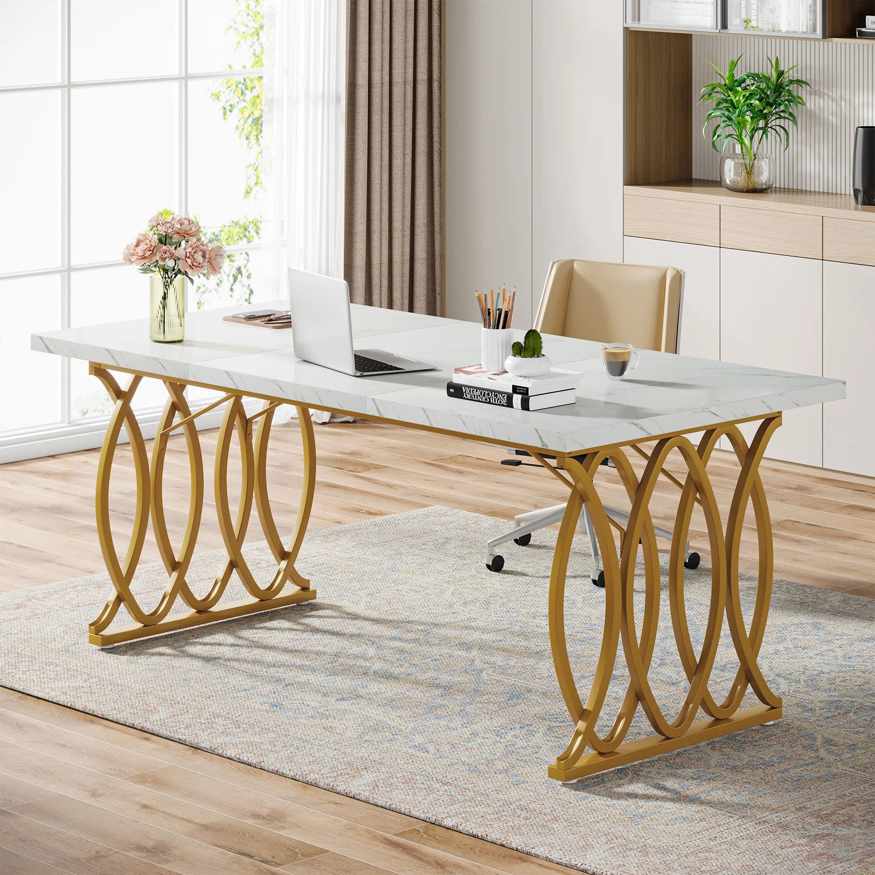 White Executive Desk with Gold Metal Legs for Home Office — 70.9"