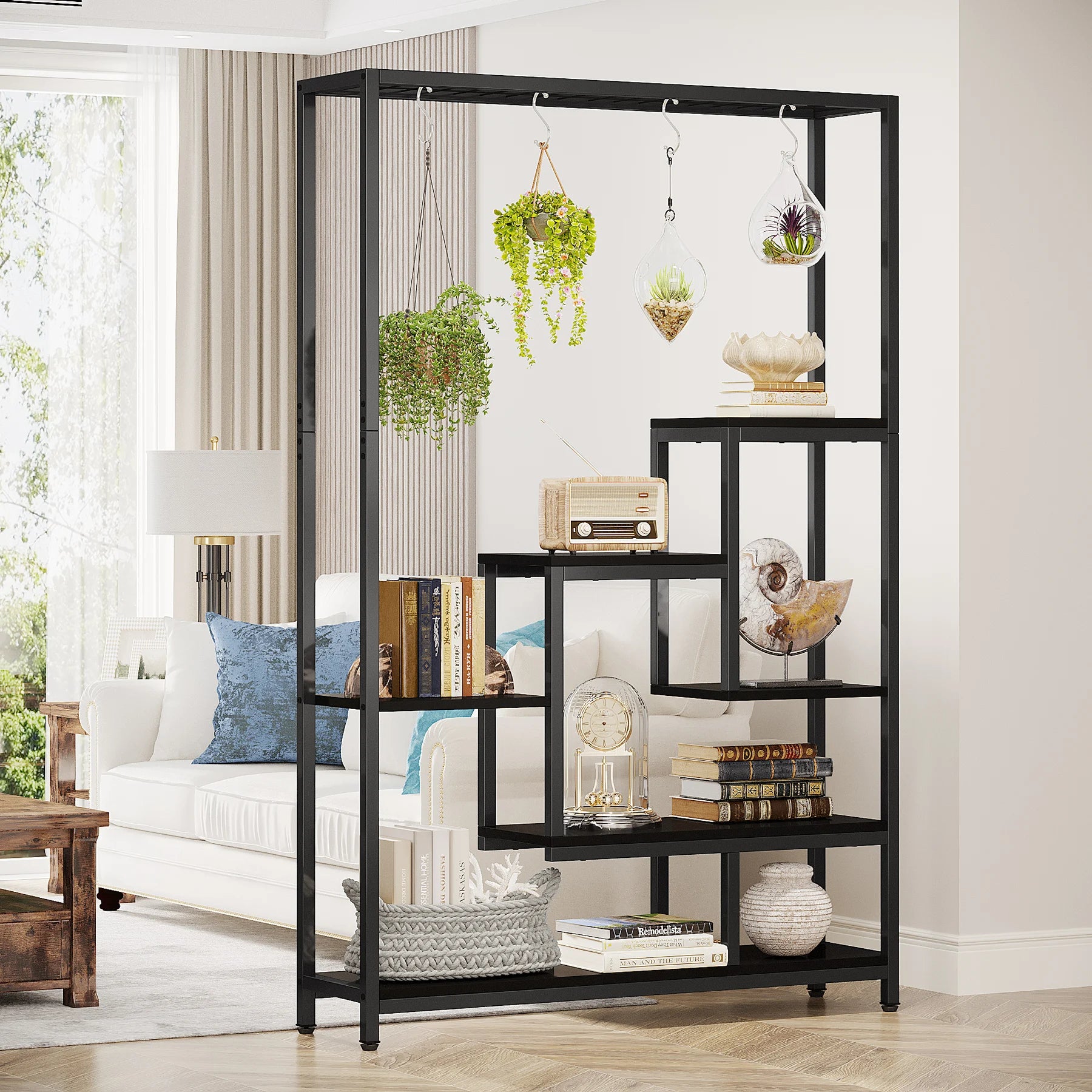 Industrial Metal Plant Stand with Hanging Hooks for Living Room — 5-Tier, 70.9in Tall