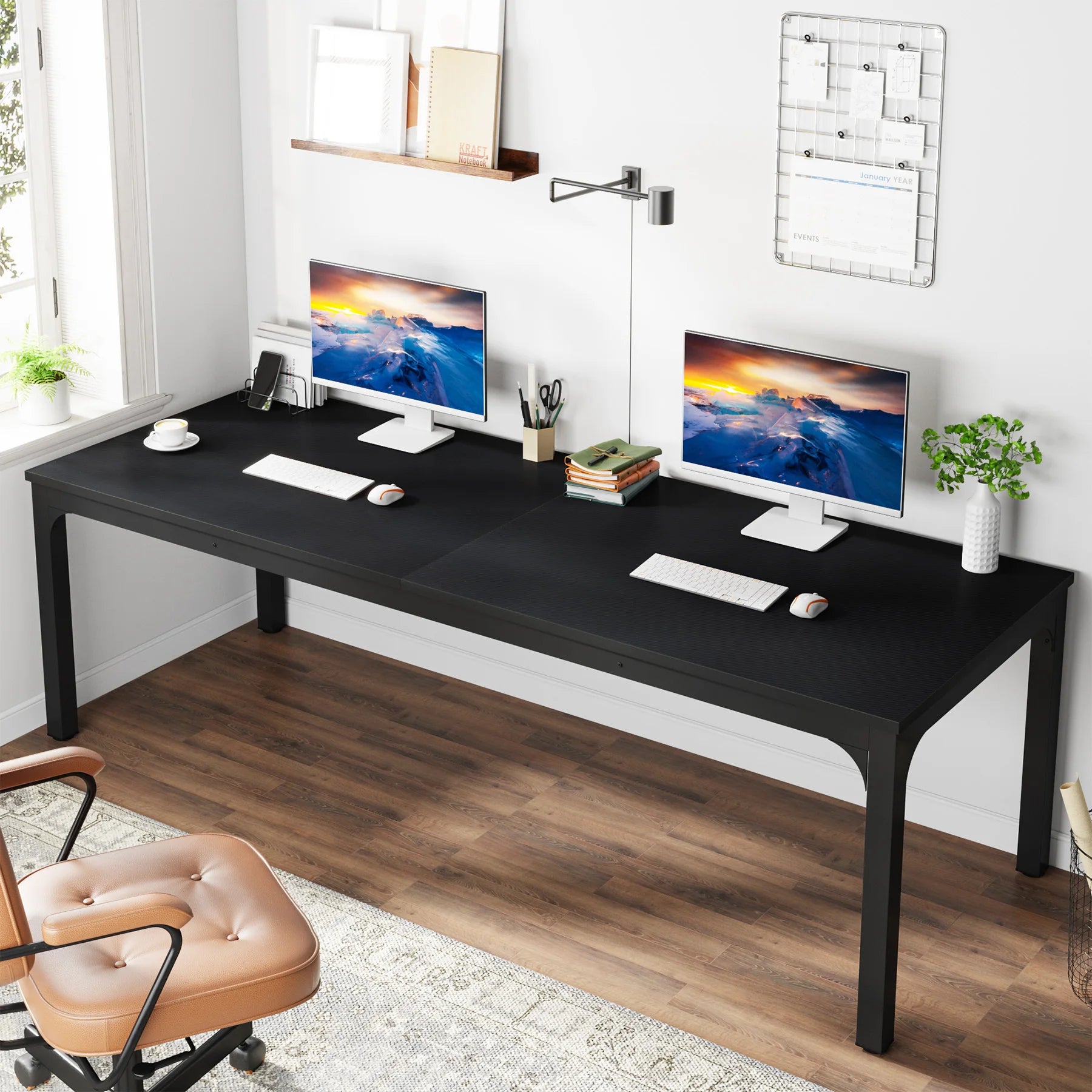 Industrial Wood Computer Desk with Steel Frame for Two-Person Home Office — 78.7"