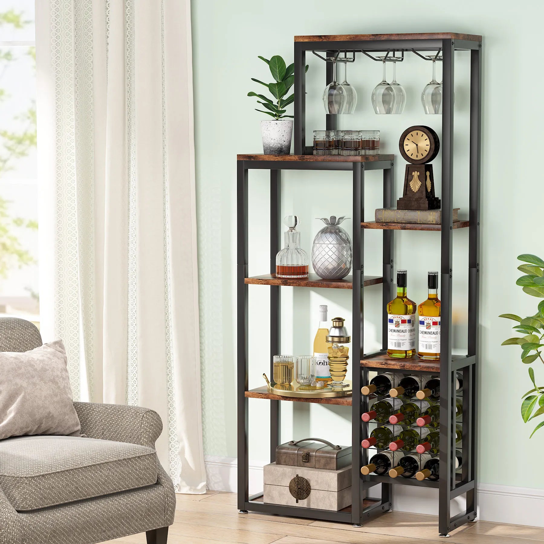 Industrial Wine Bakers Rack, 20-Bottle Freestanding Wine Rack with Glass Holder & Storage Shelves